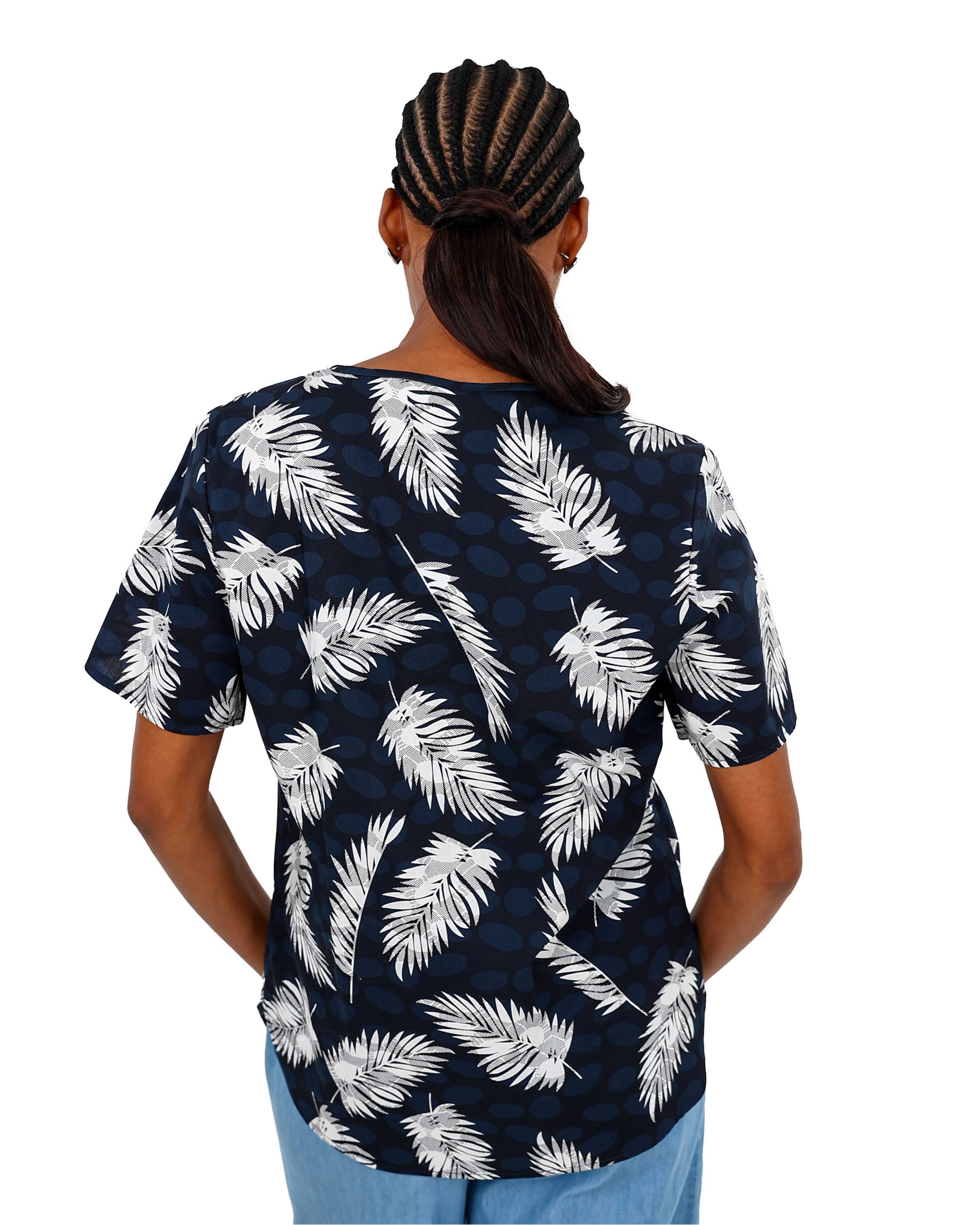 Short Sleeve Navy Leaf Print Blouse