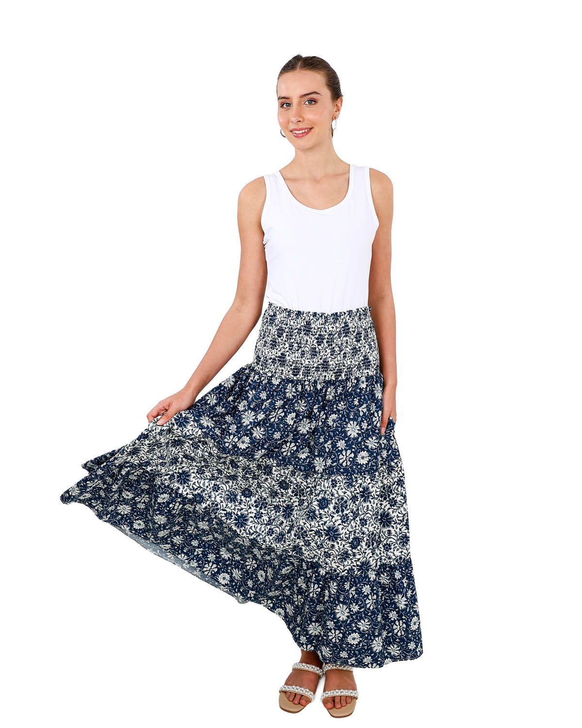 Printed Smocked Waist Maxi Skirt