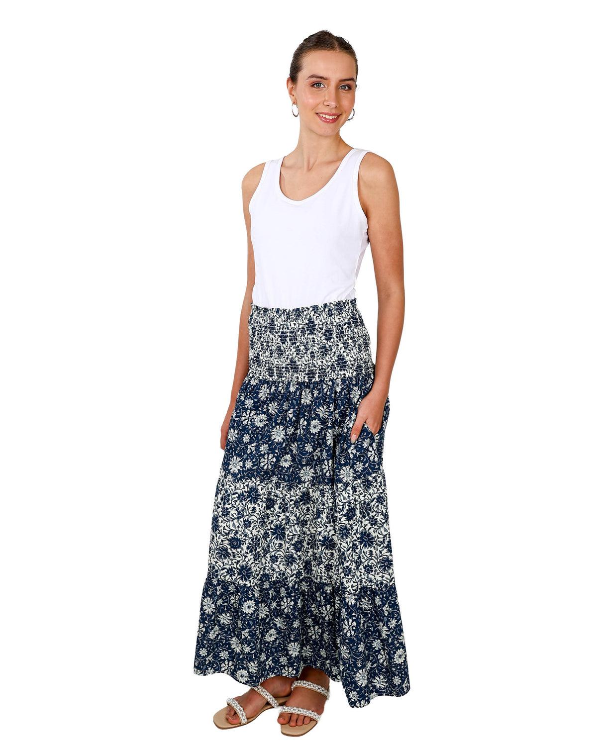 Printed Smocked Waist Maxi Skirt