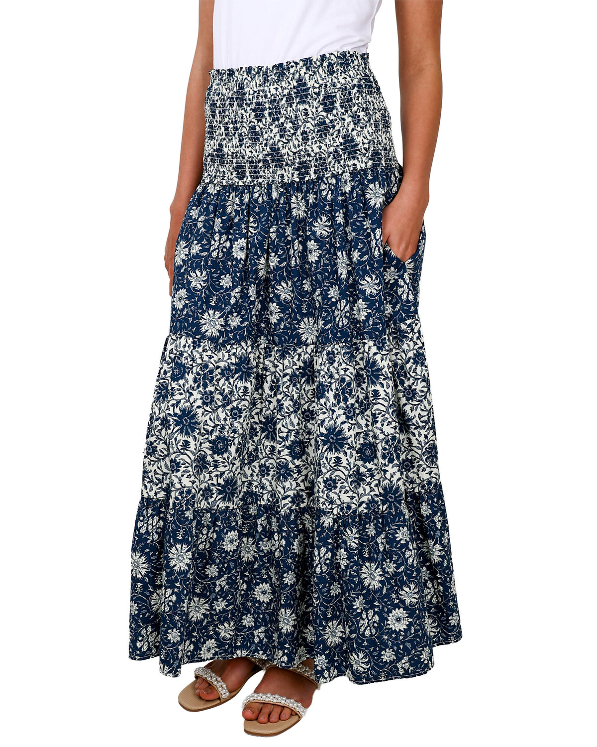Printed Smocked Waist Maxi Skirt
