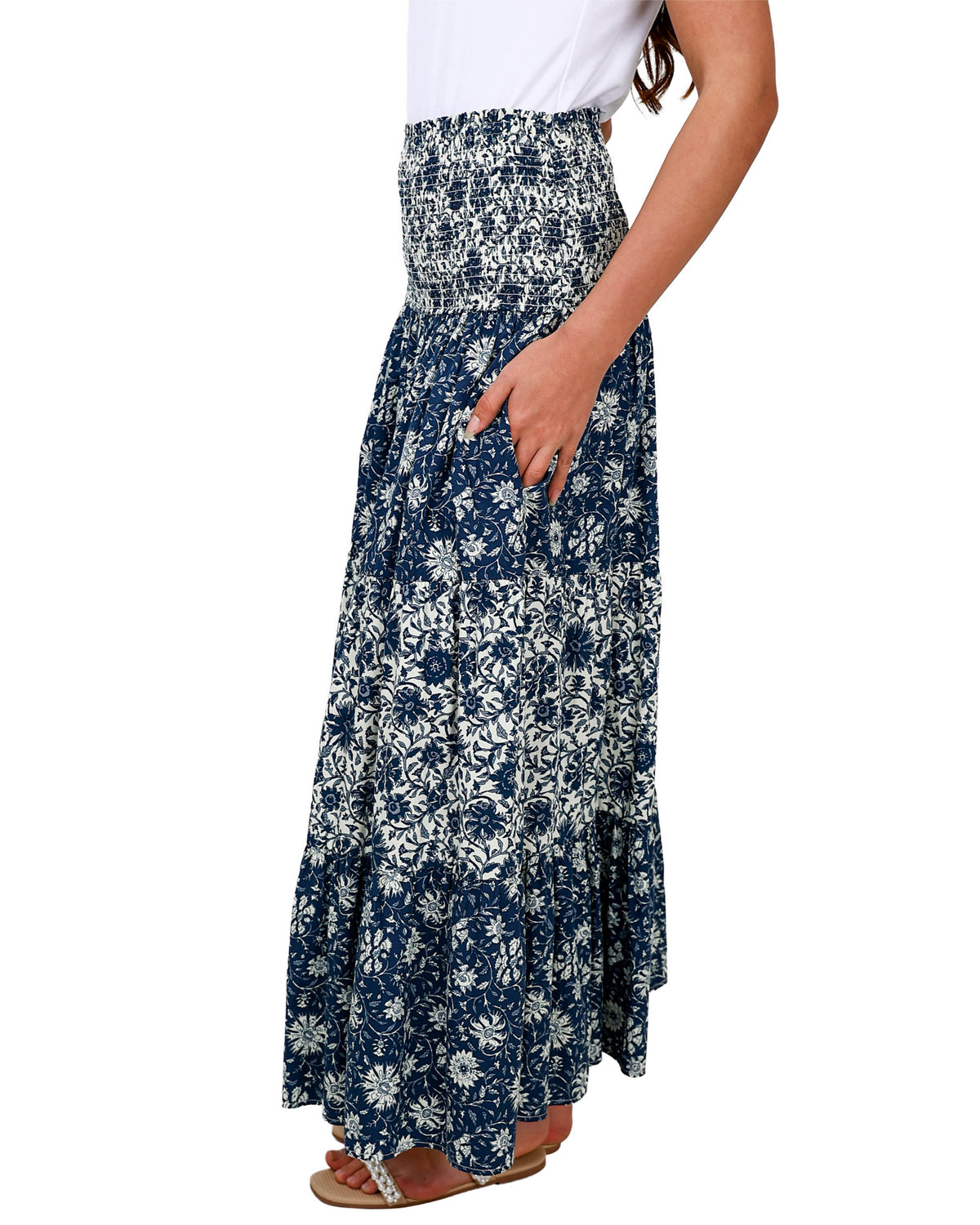 Printed Smocked Waist Maxi Skirt