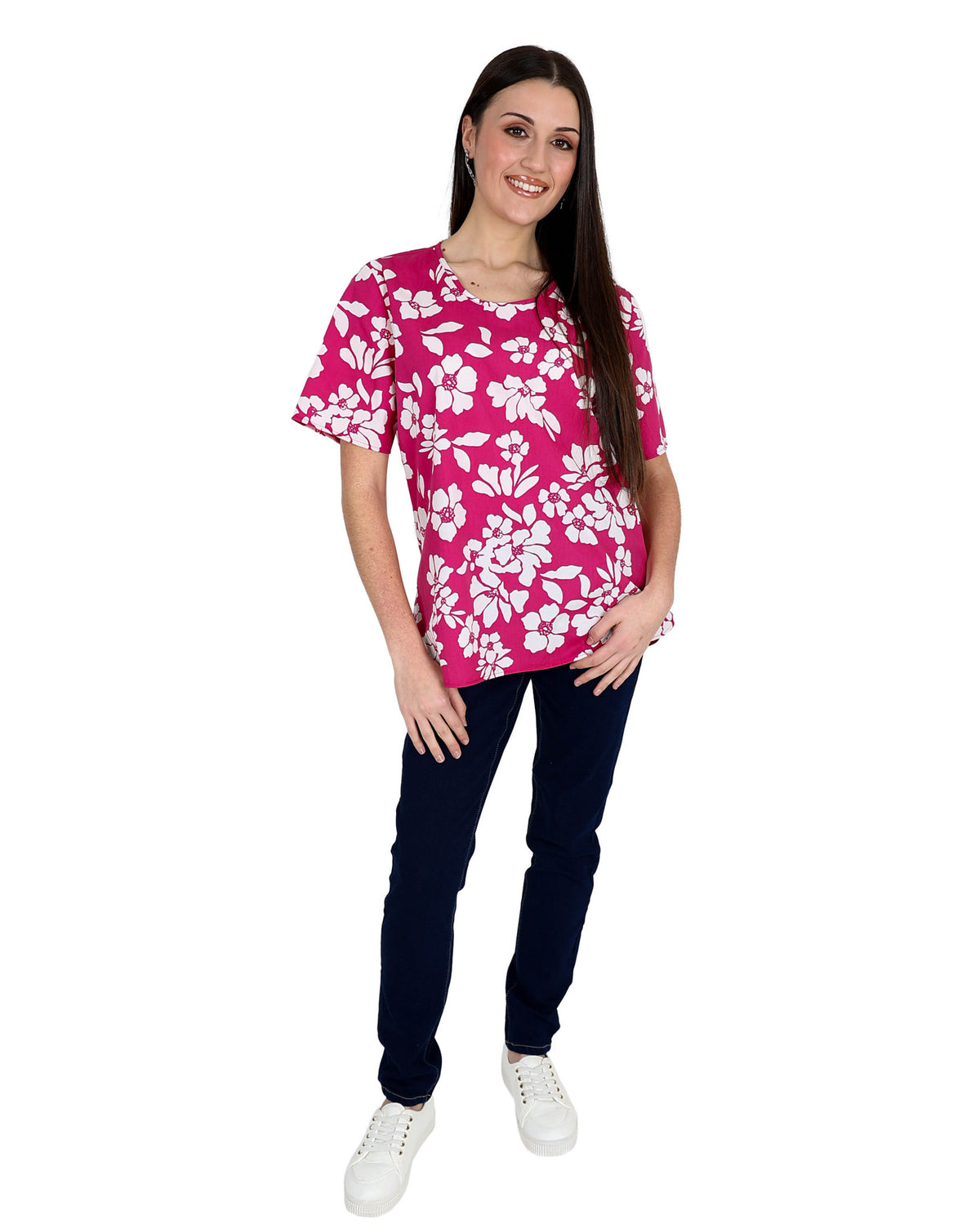 Short Sleeve Pink & White Floral Print Blouse
