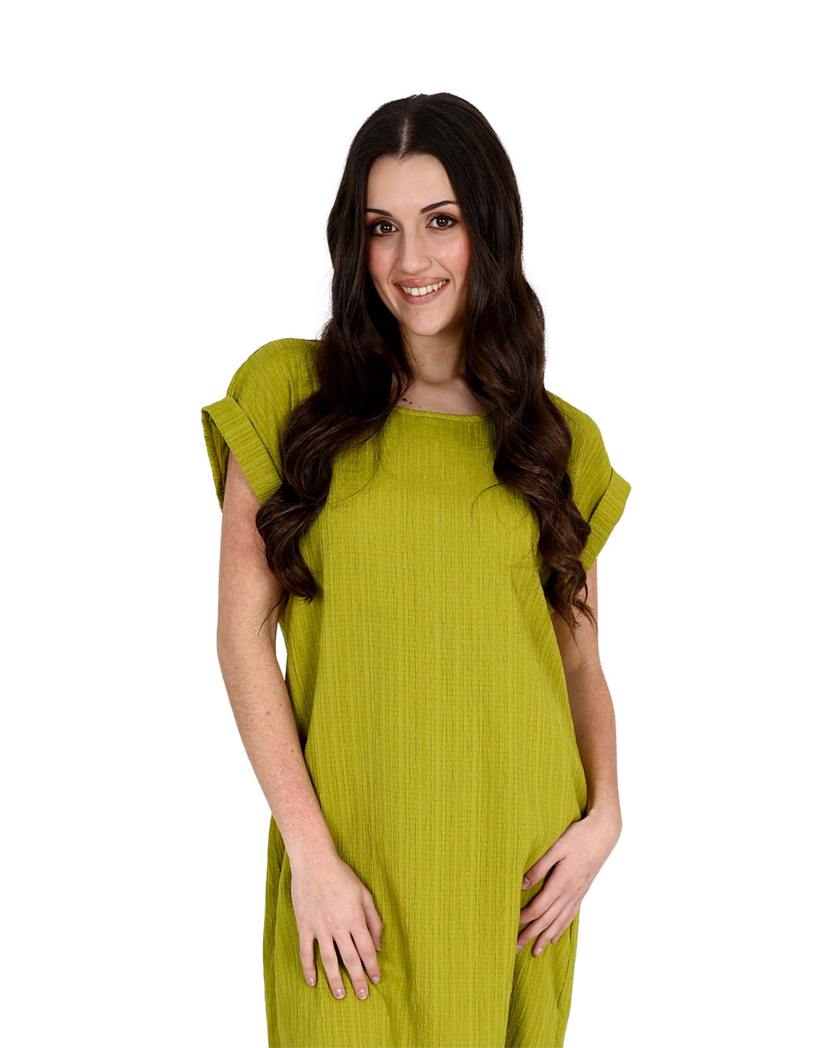 Chartreuse Short Sleeve Crinkle Shift Dress