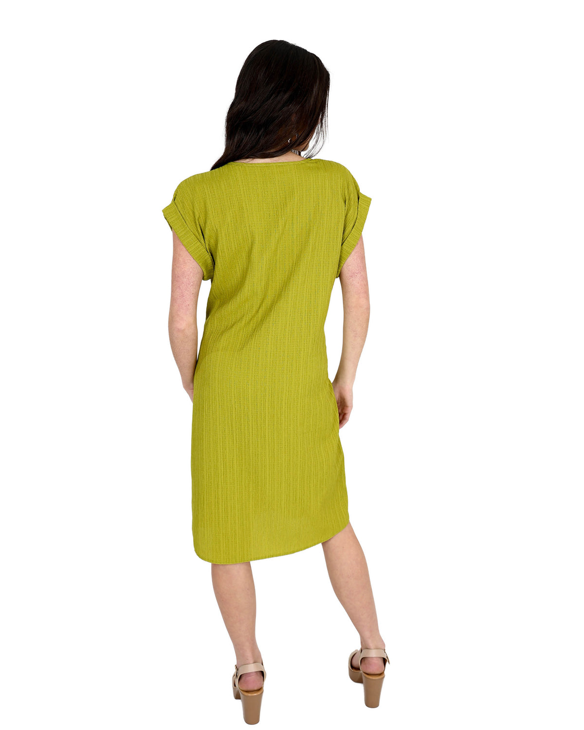 Chartreuse Short Sleeve Crinkle Shift Dress