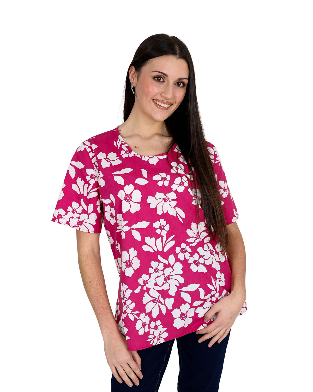 Short Sleeve Pink & White Floral Print Blouse