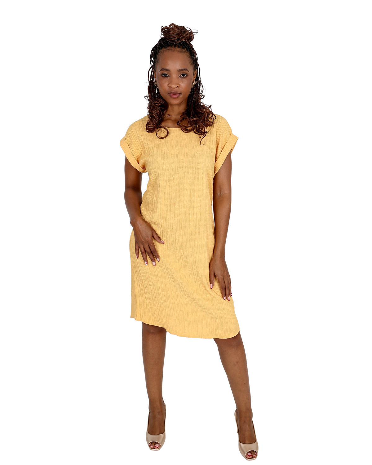 Yellow Short Sleeve Crinkle Shift Dress