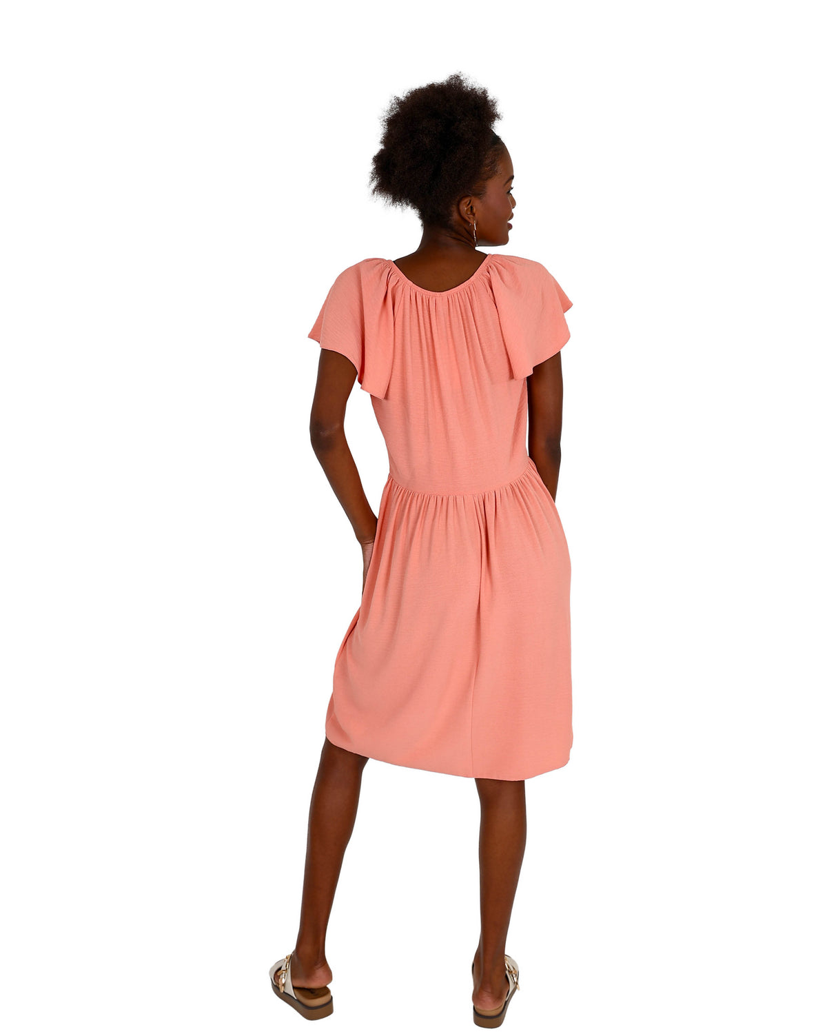 Coral Flutter Sleeve Knee Length Dress