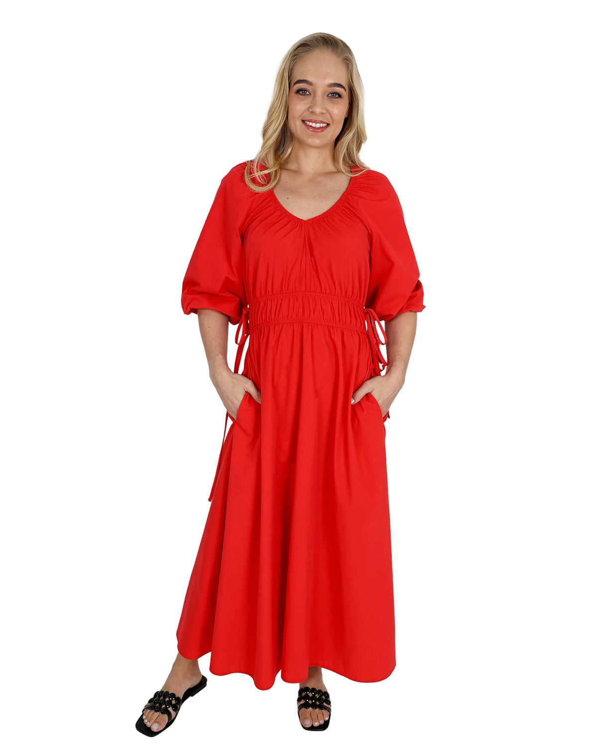 Short Puff Sleeve Flared Orange Maxi Dress