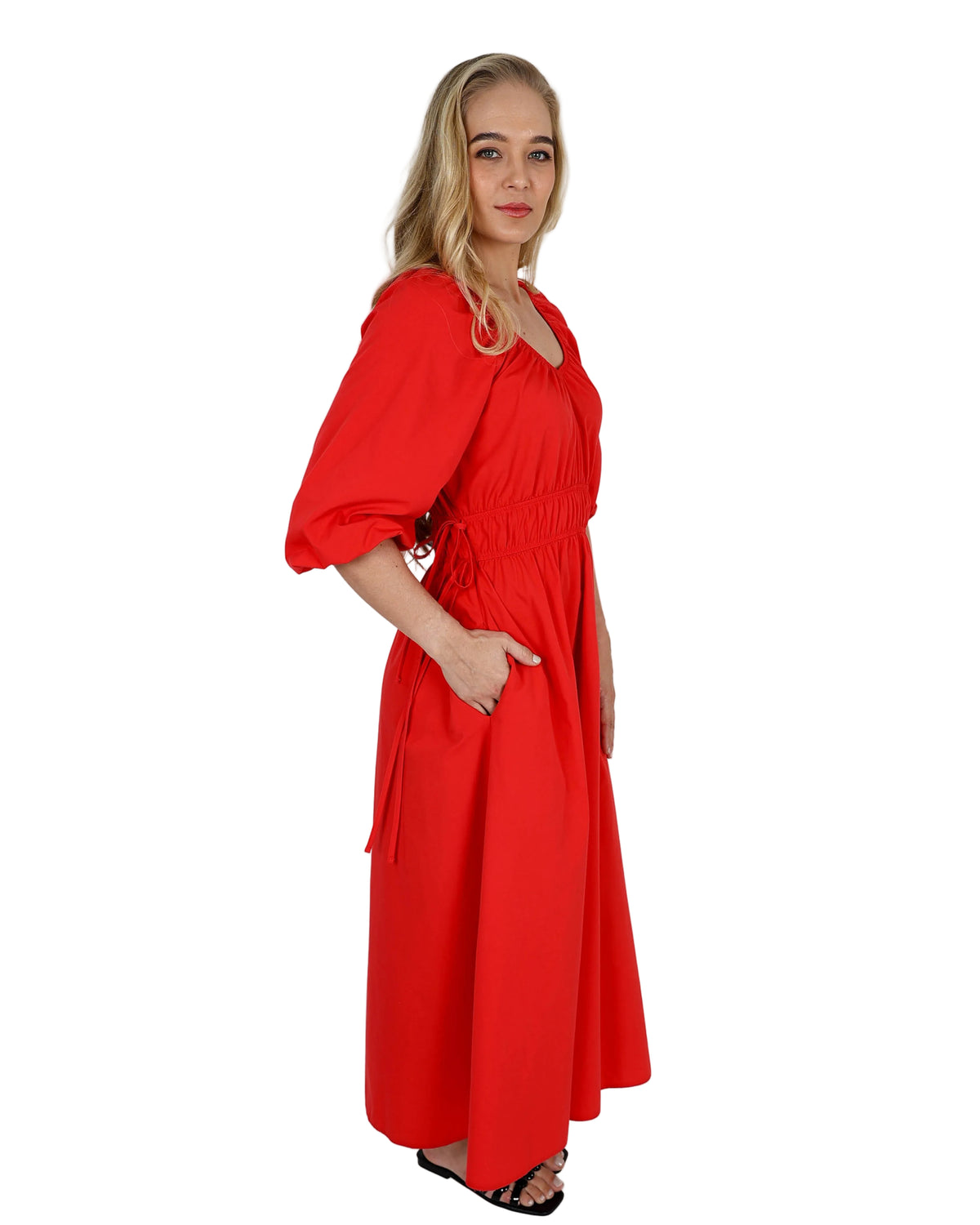 Short Puff Sleeve Flared Orange Maxi Dress