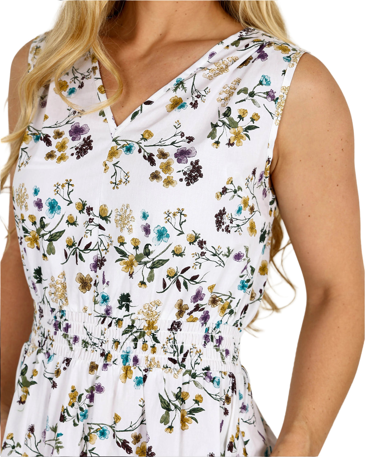 Sleeveless Cream Floral Print Smocked Waist Dress