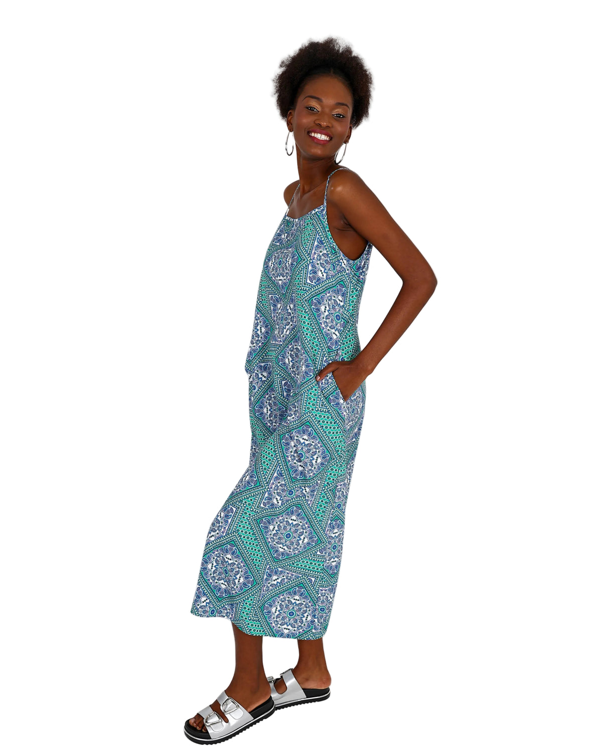Blue Printed Strappy Maxi Dress
