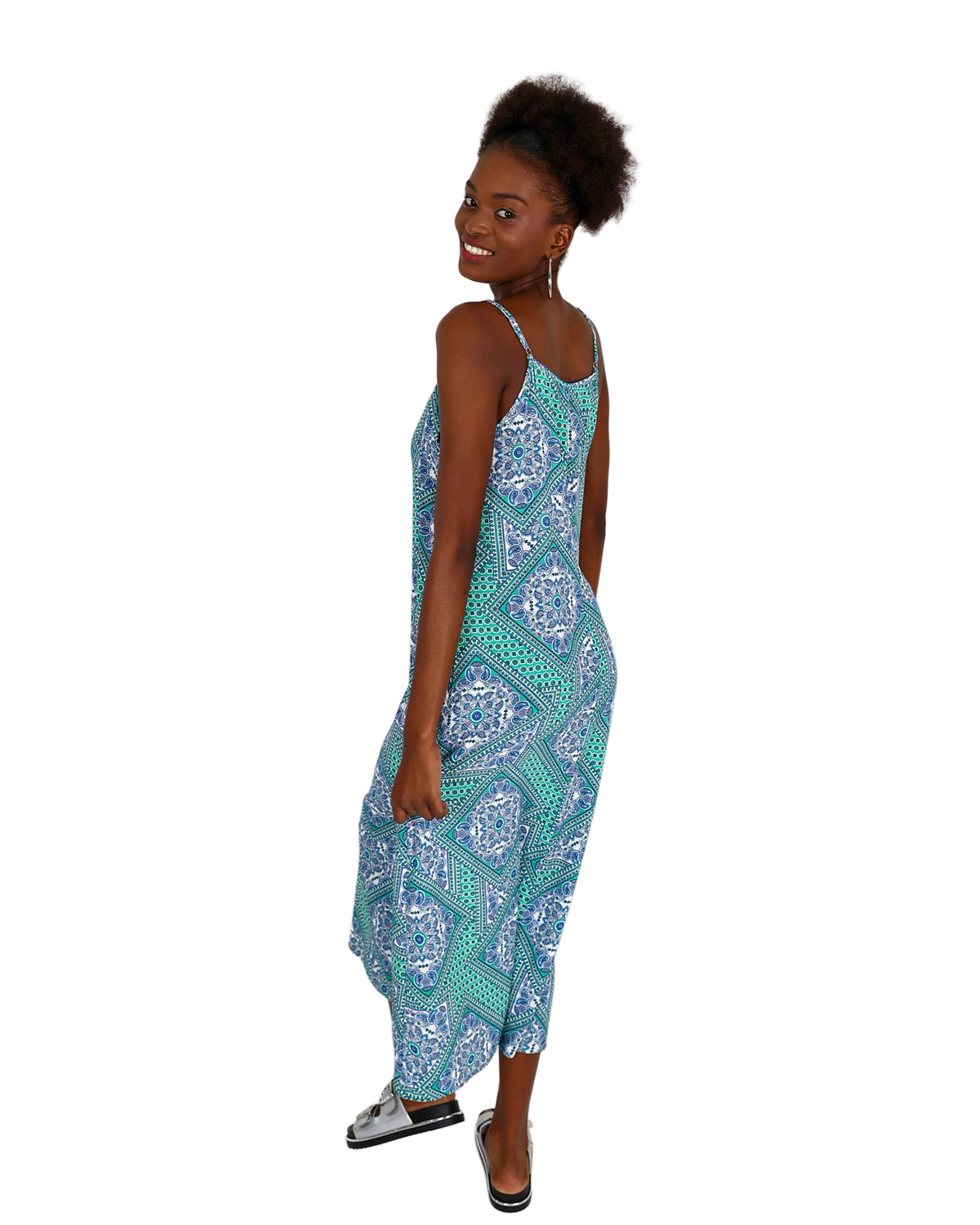 Blue Printed Strappy Maxi Dress