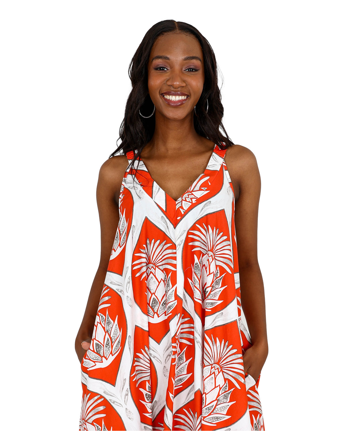 Sleeveless Tropical Print V-Neck Flared Maxi Dress