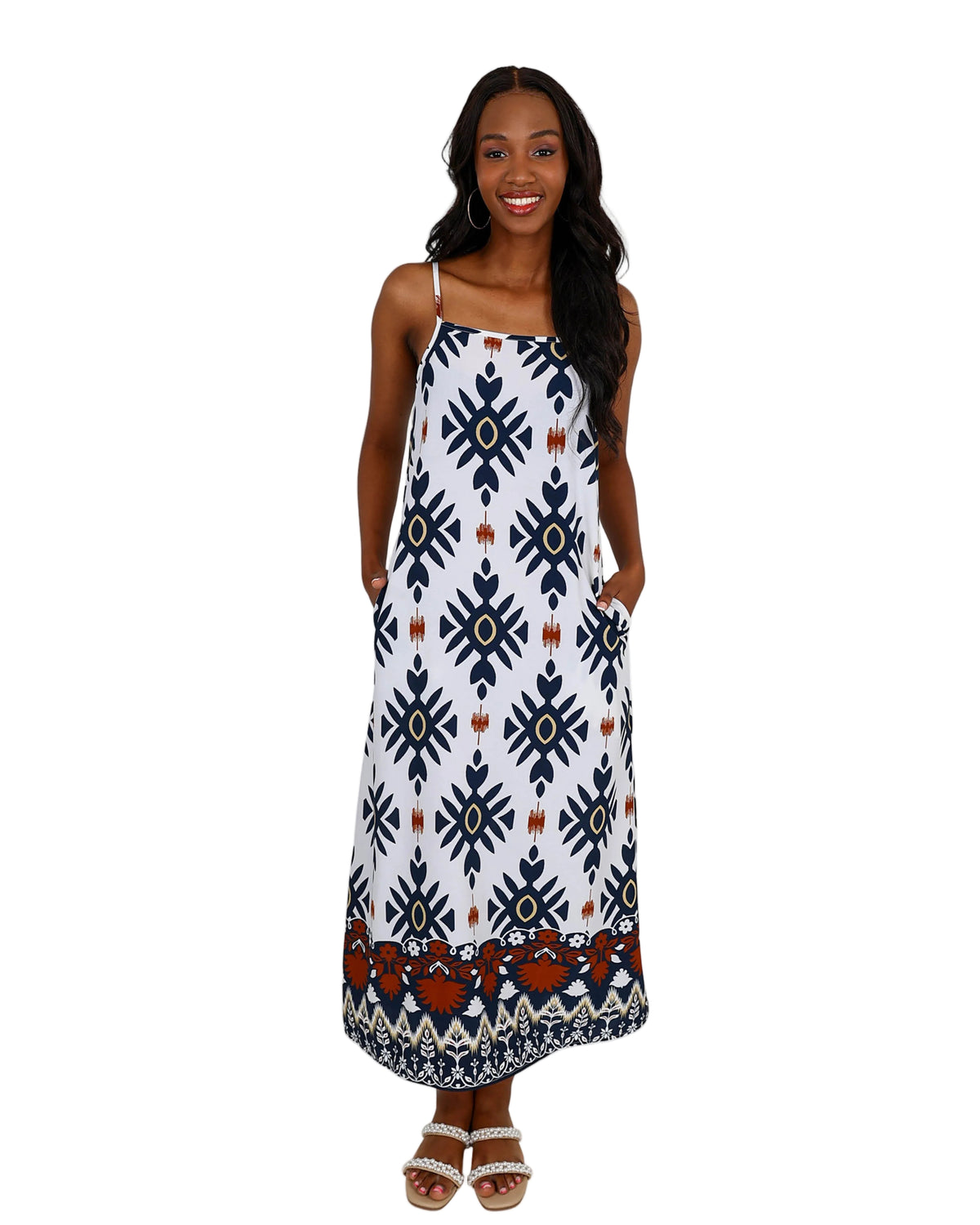 Black Tile Print Strappy Maxi Dress