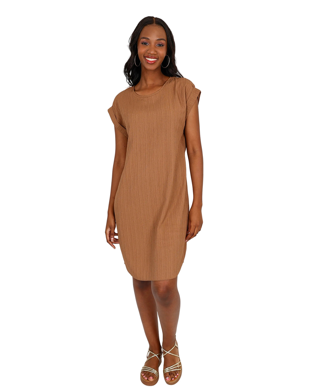 Mocha Short Sleeve Crinkle Shift Dress