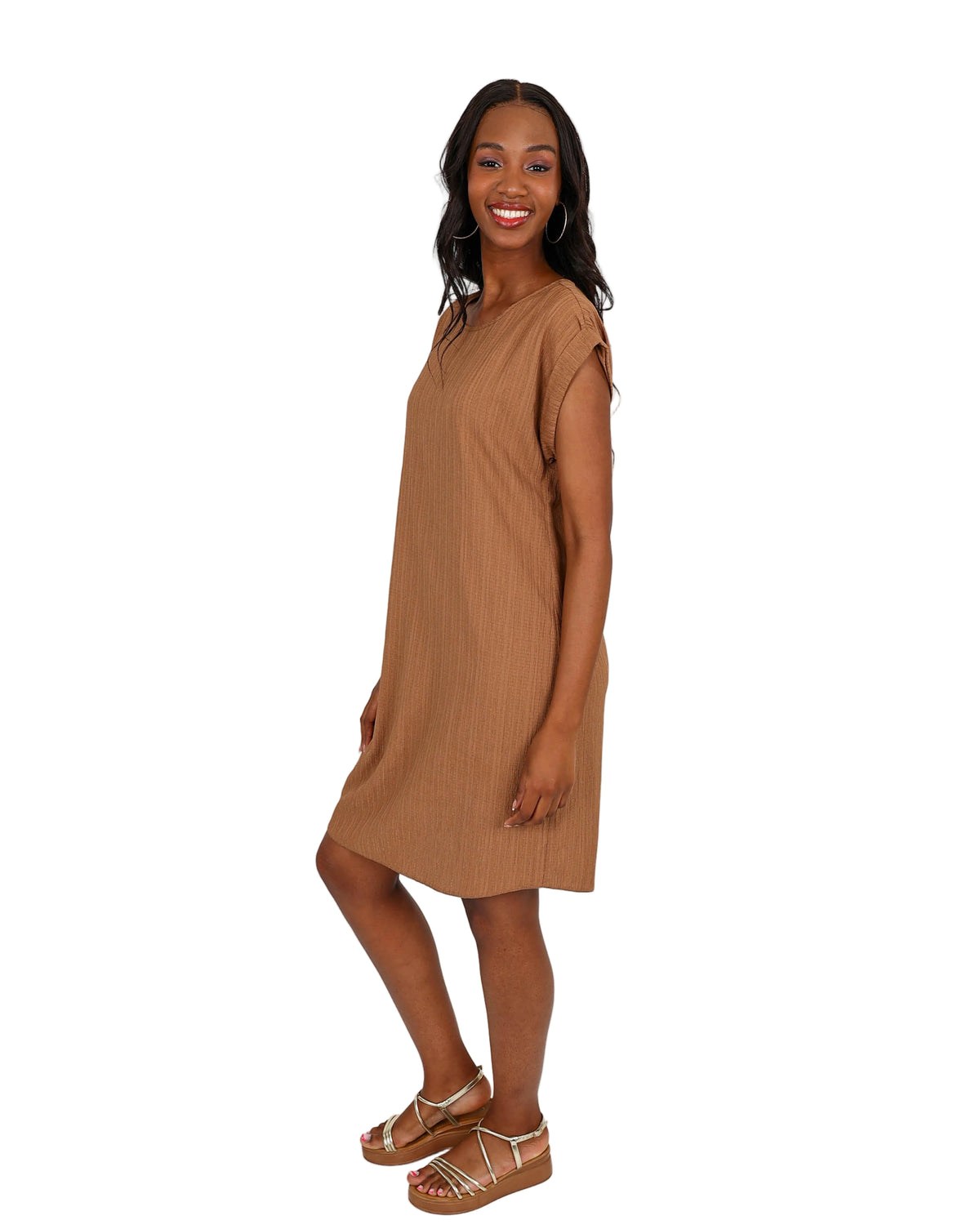 Mocha Short Sleeve Crinkle Shift Dress