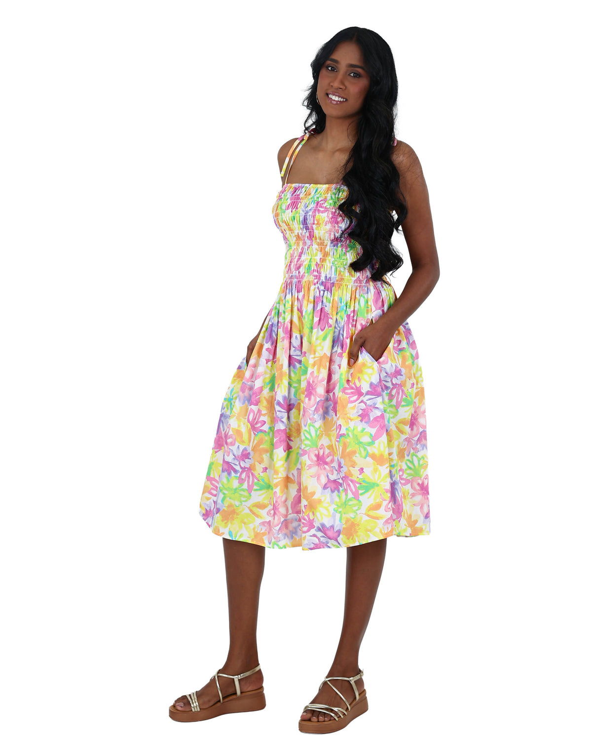 Strappy Pastel Floral Smocked Knee Length Dress