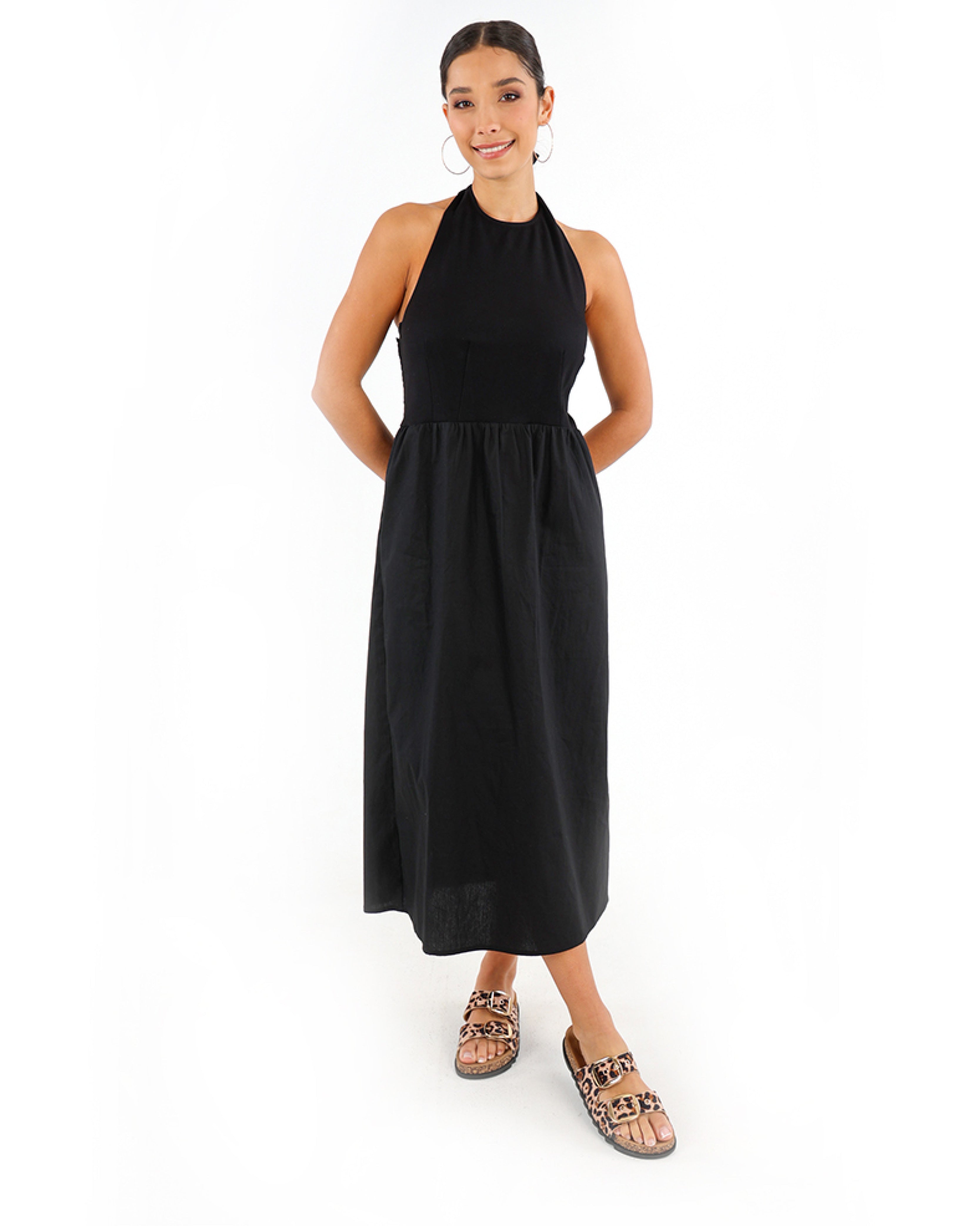 Black Halter Neck Shirred Back Midi Dress