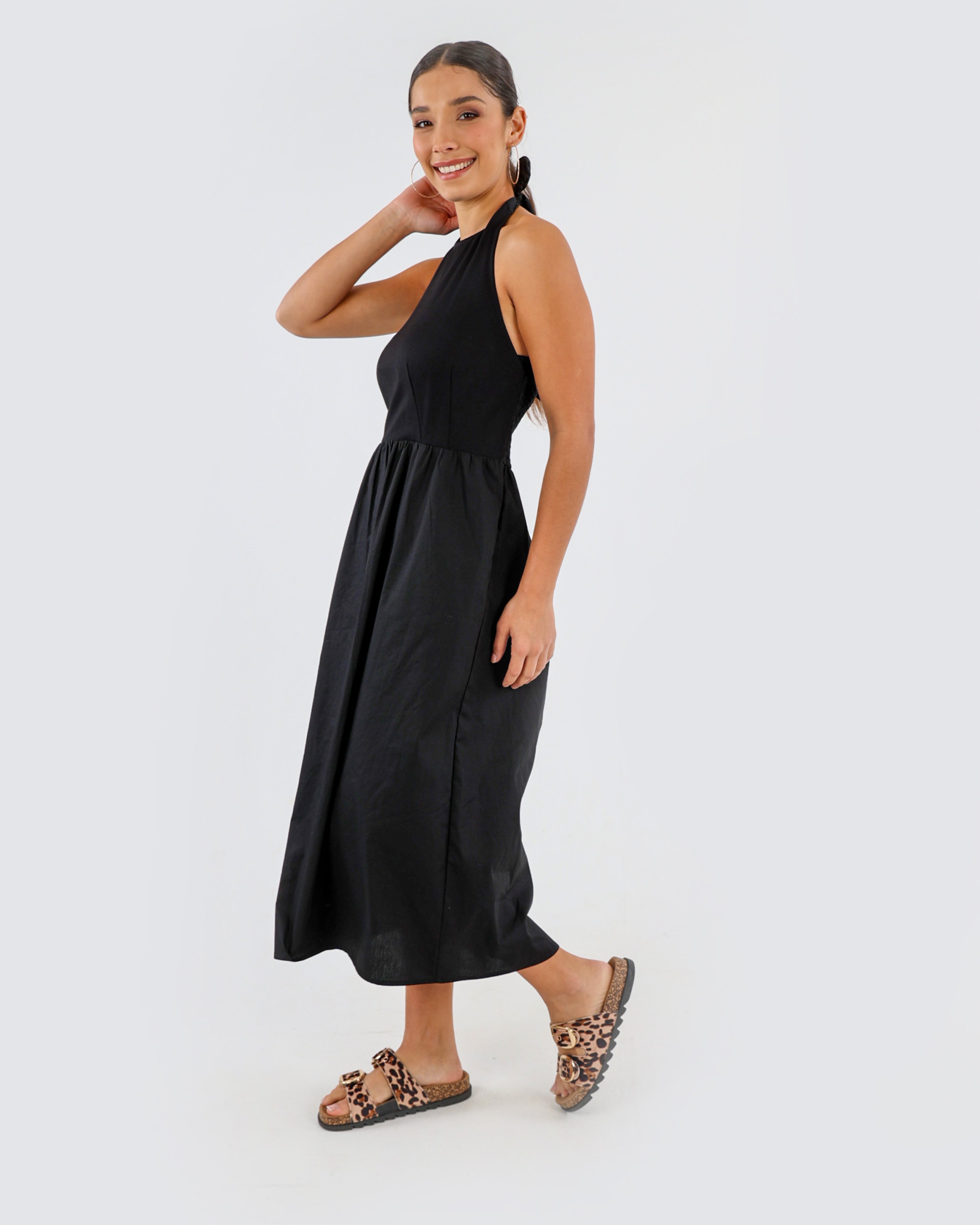 Black Halter Neck Shirred Back Midi Dress