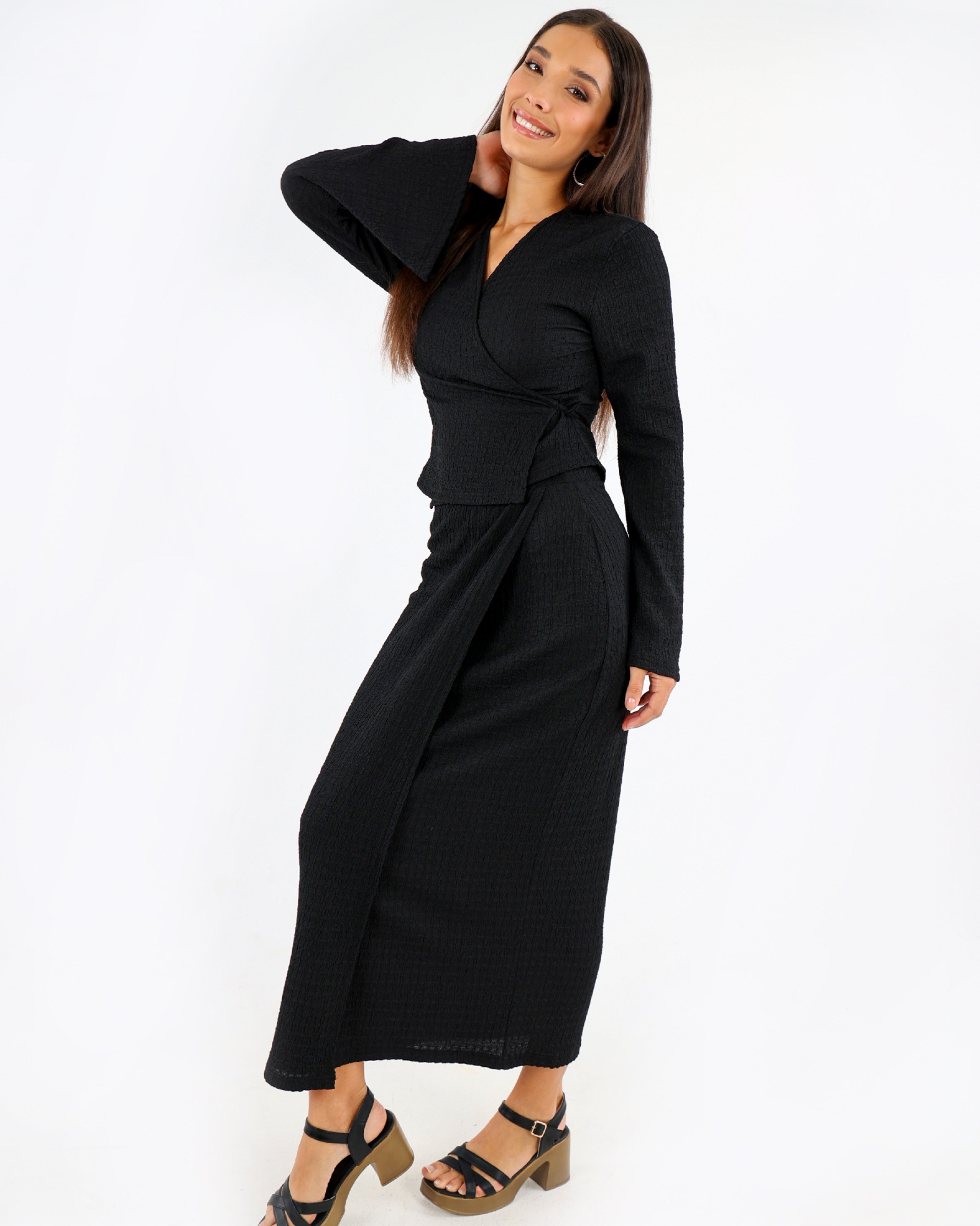 Black Crinkle Maxi Wrap Skirt