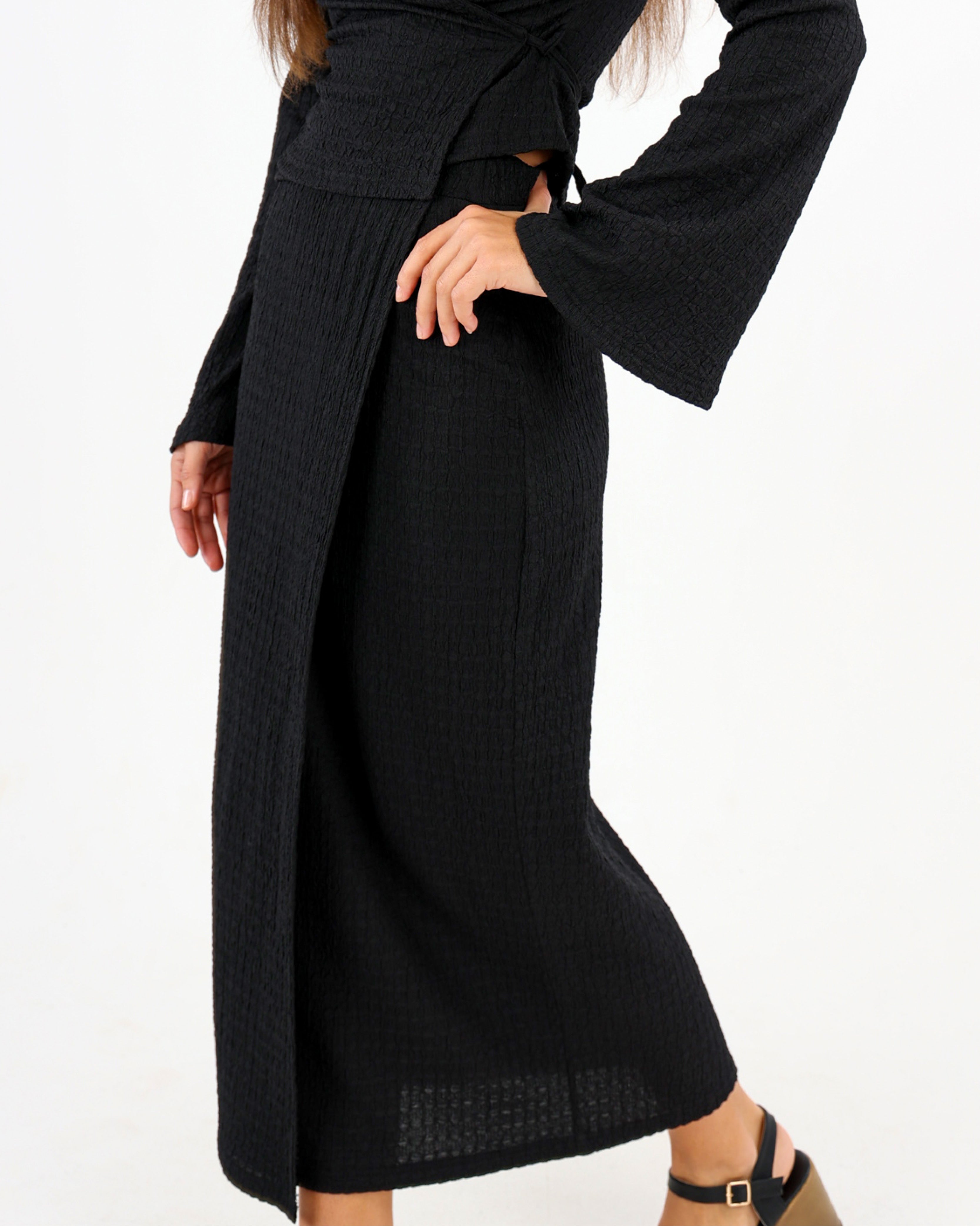 Black Crinkle Maxi Wrap Skirt