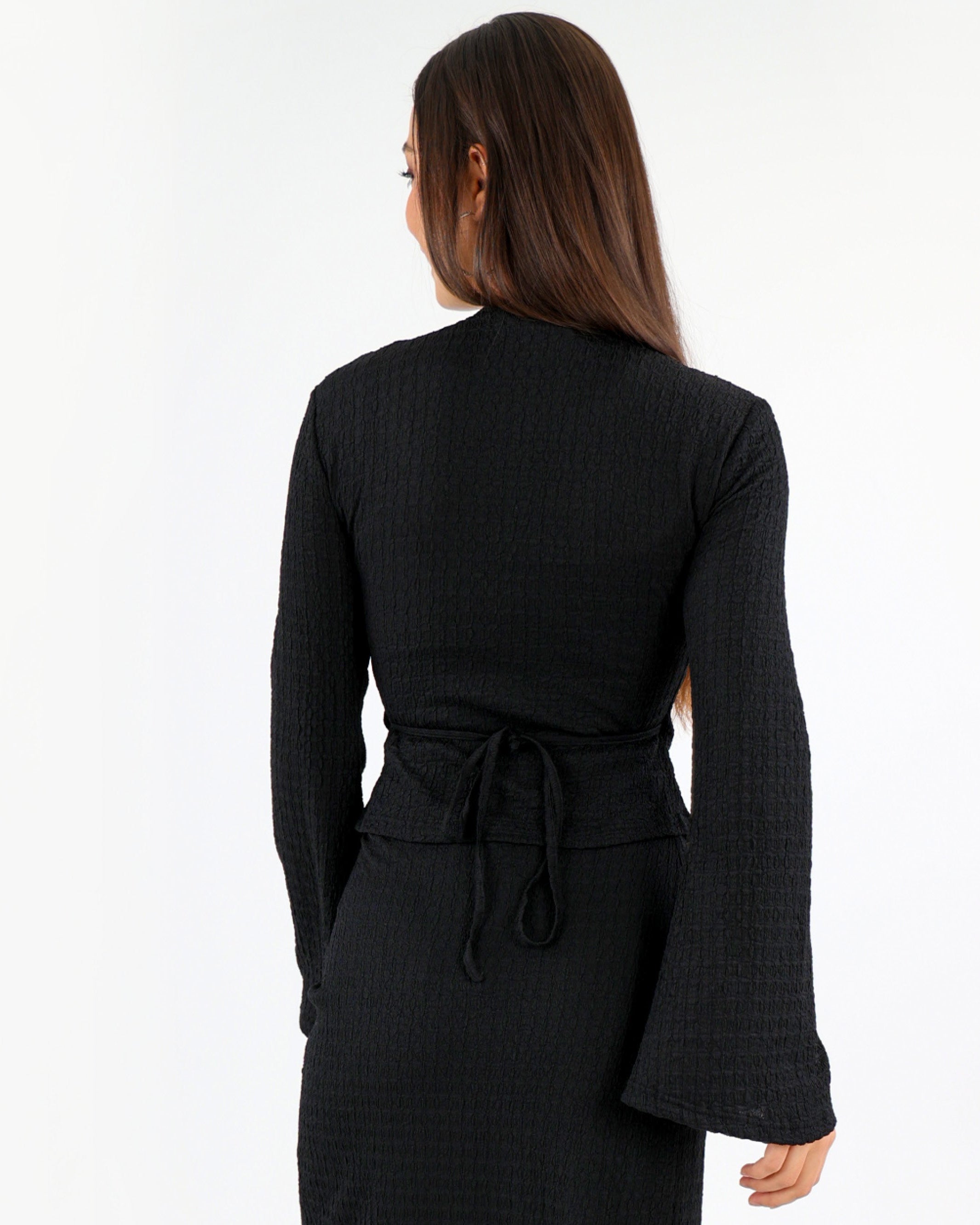 Black Long Flaired Sleeve Crinkle Wrap Blouse