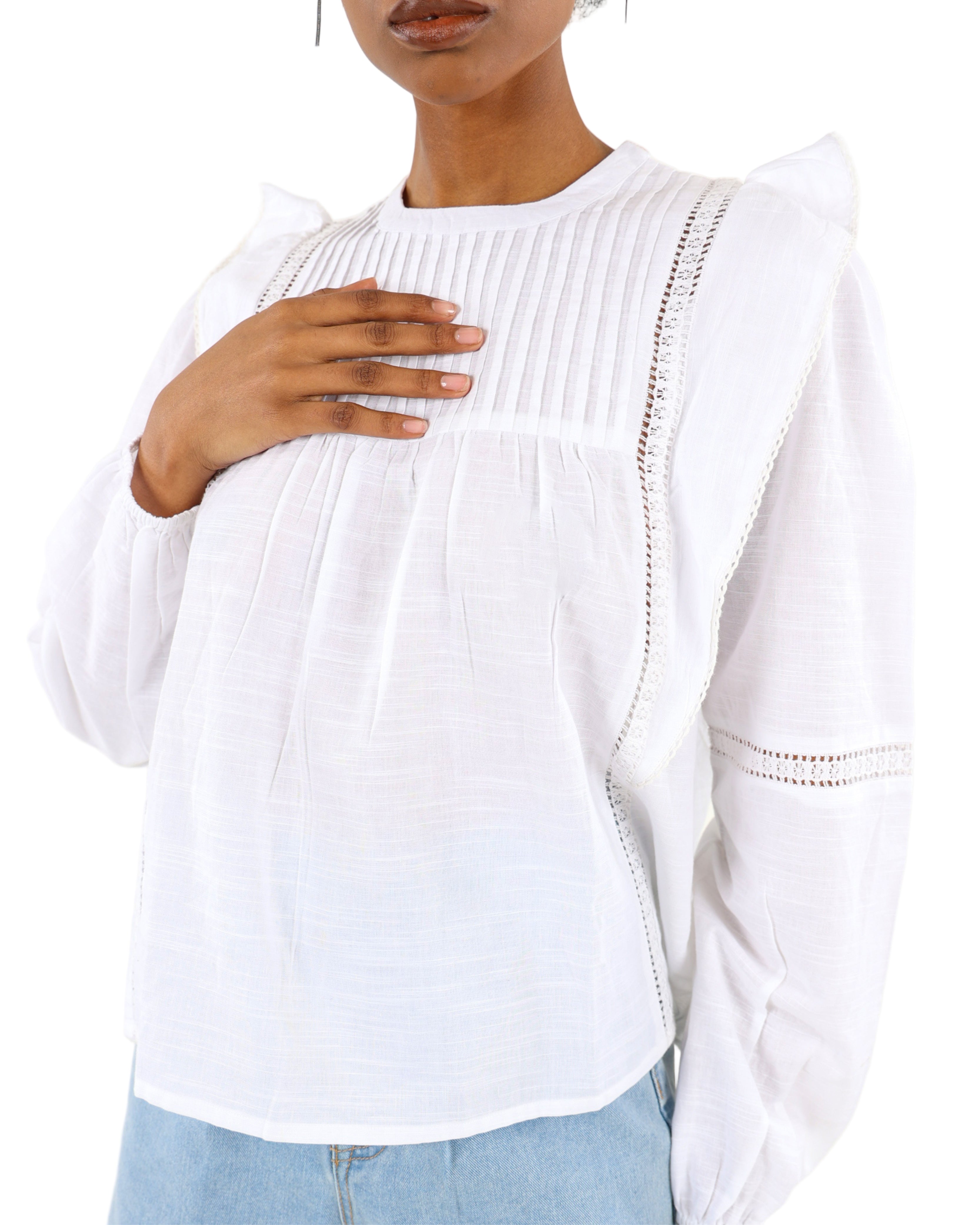 Long Sleeve Pintuck Cotton Blouse