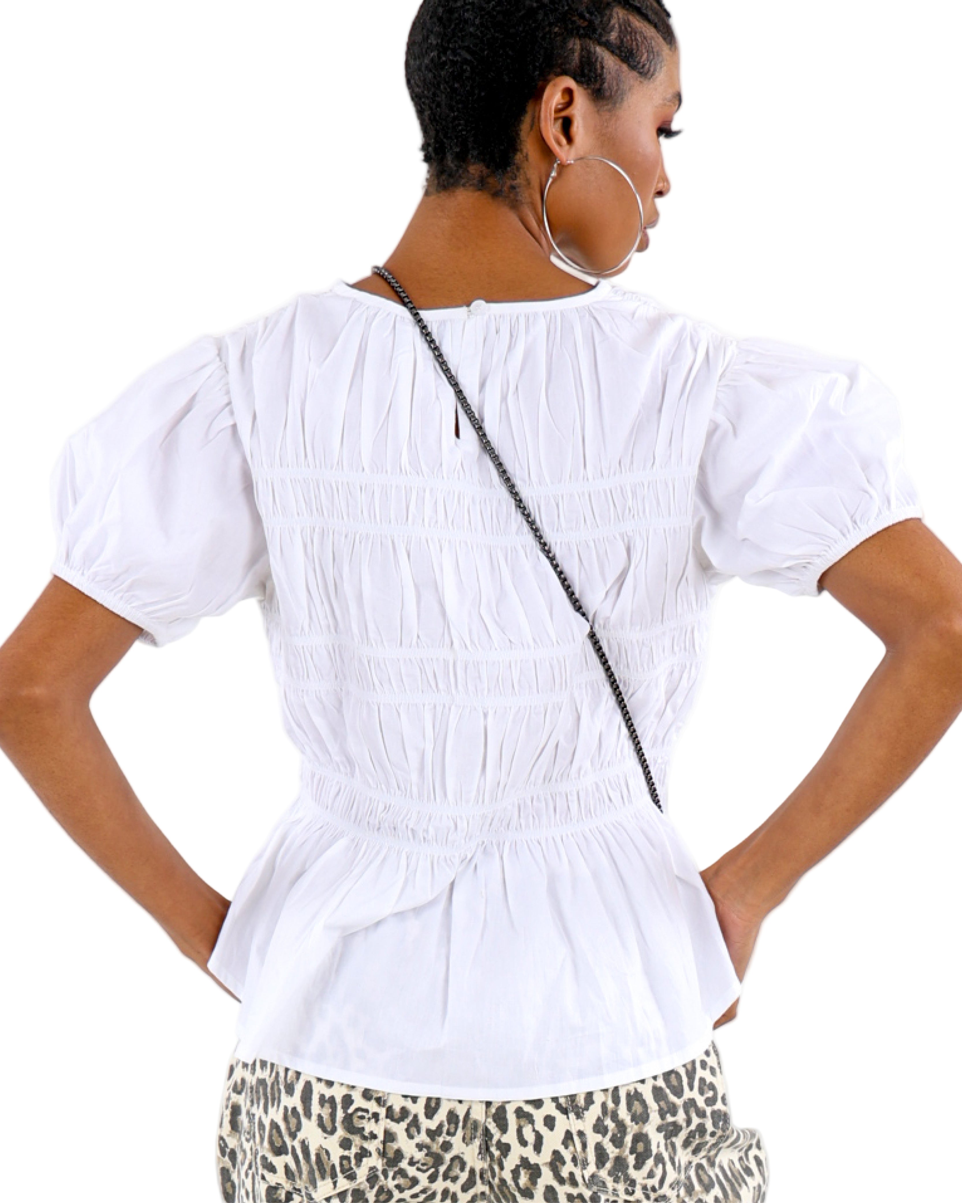 Short Puff Sleeve Shirred Peplum Blouse