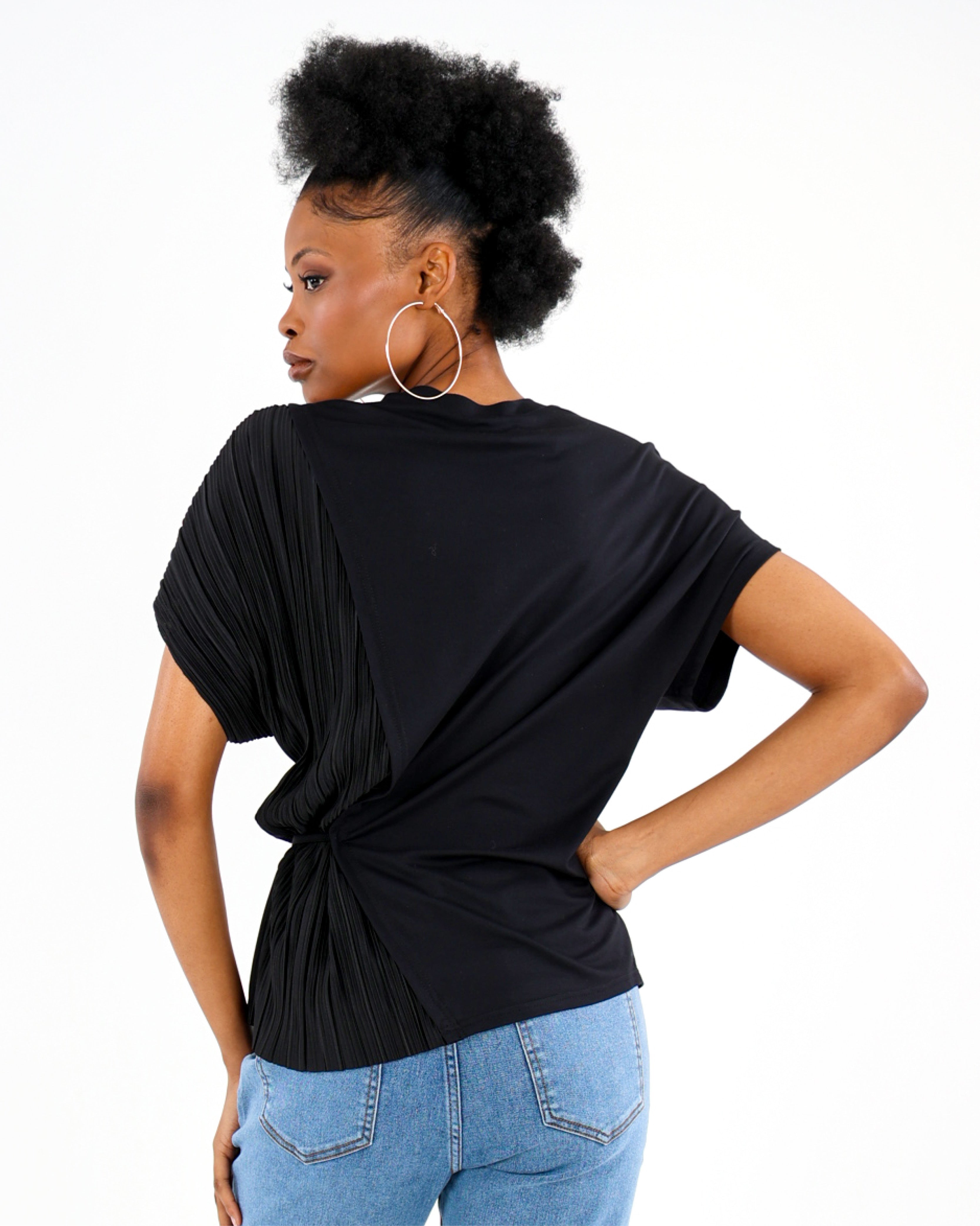 Short Sleeve Pleated Inset Side Tie Blouse
