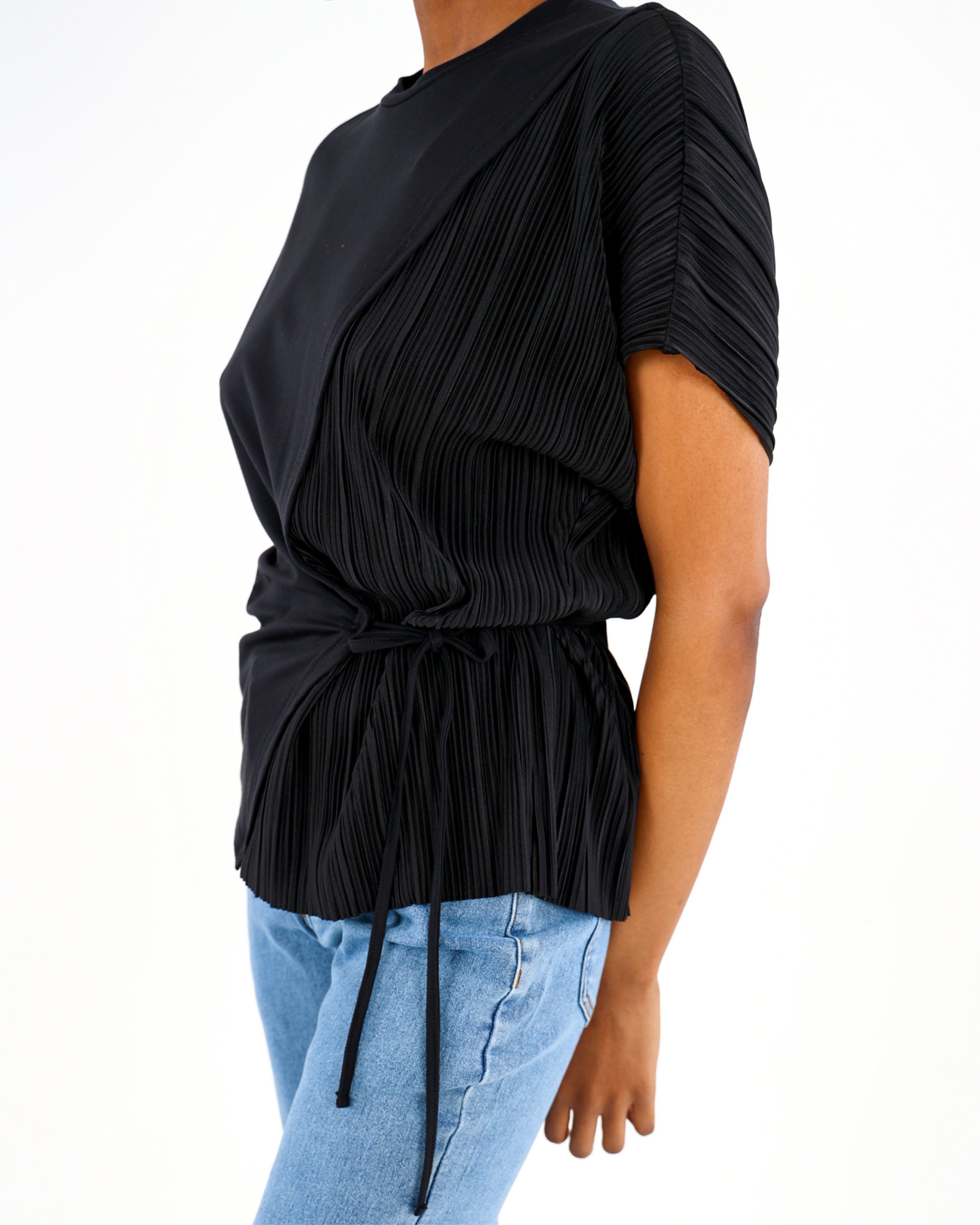 Short Sleeve Pleated Inset Side Tie Blouse