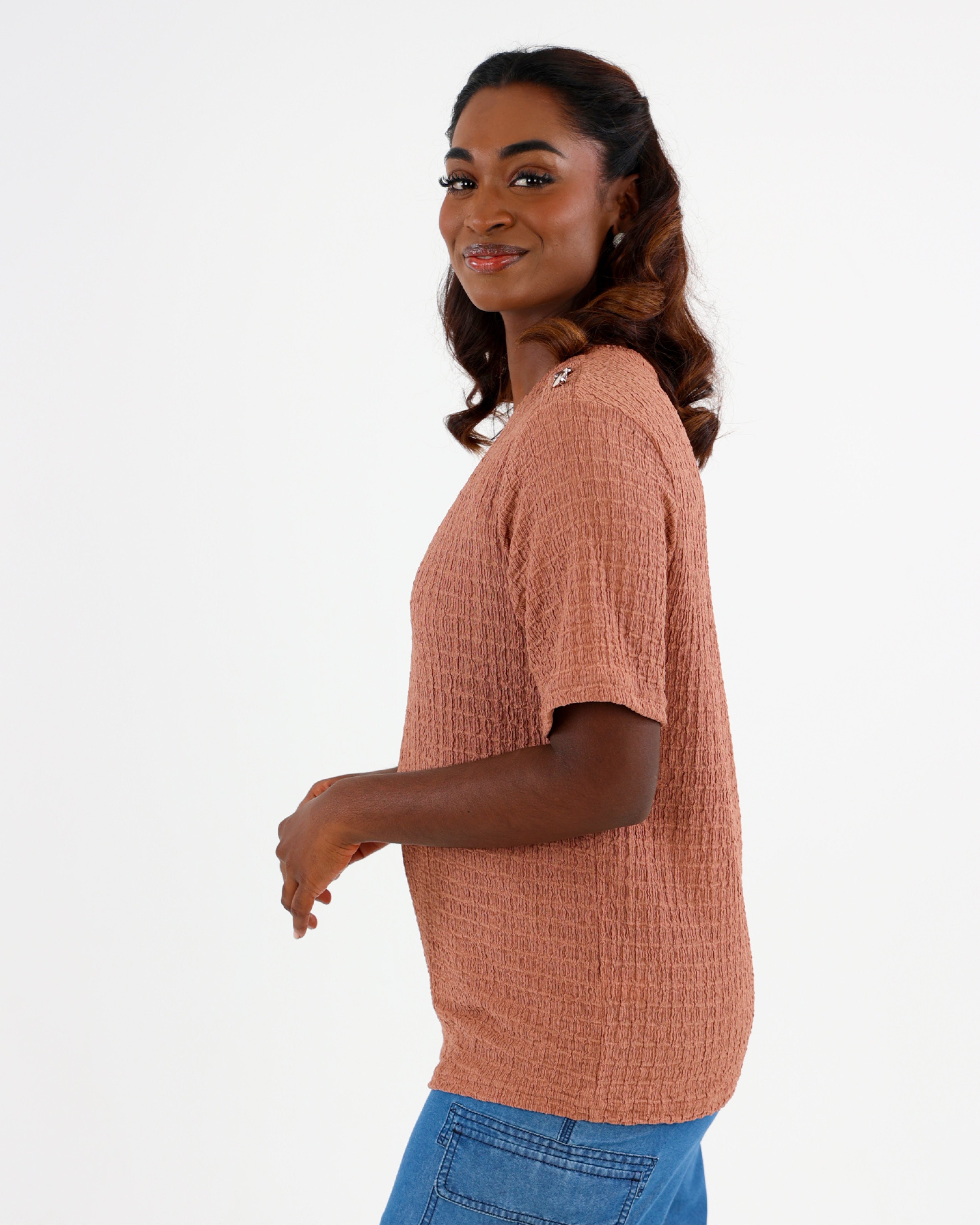 Rust Shoulder Button Bubble Top