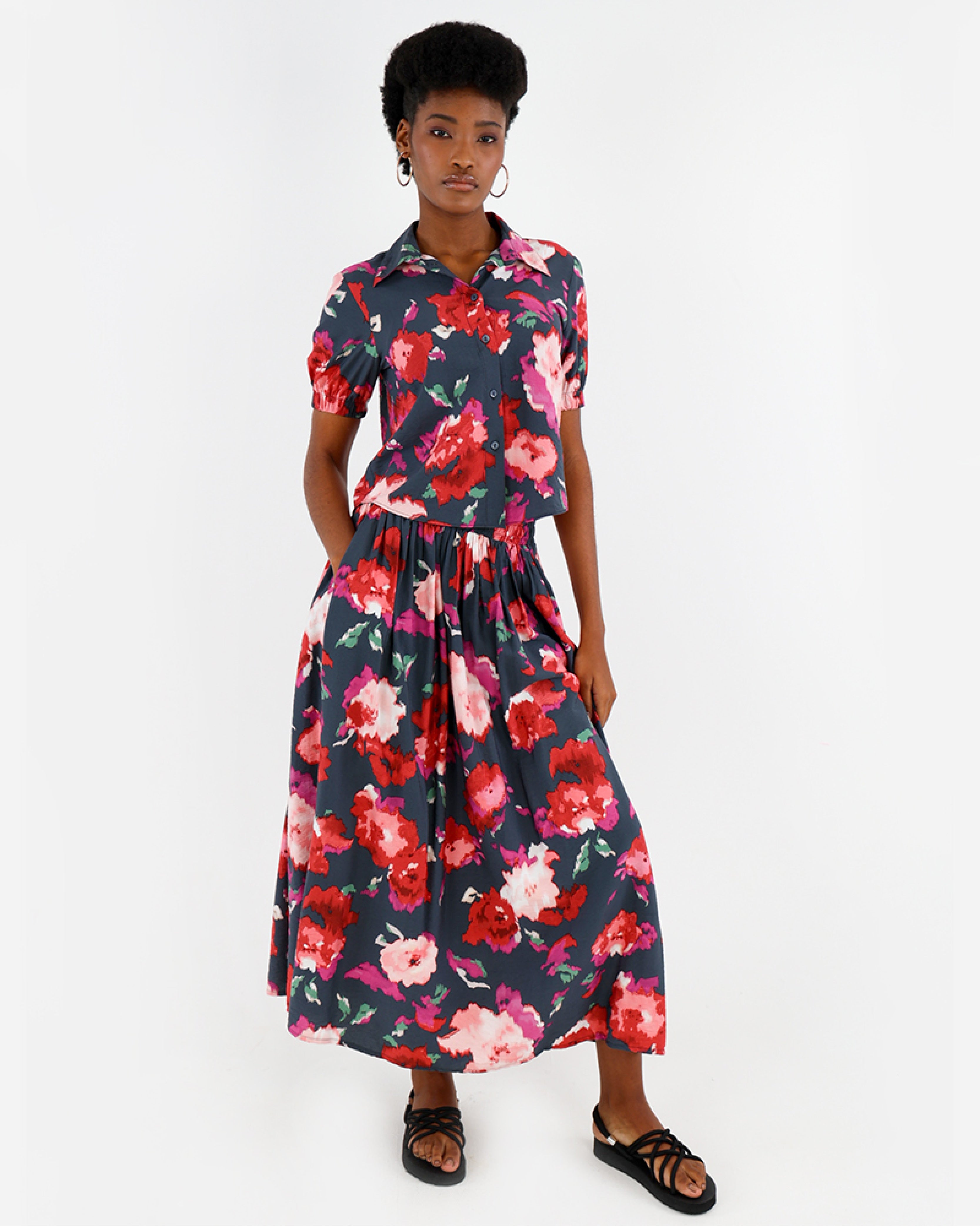 Floral Print Flared Maxi Skirt