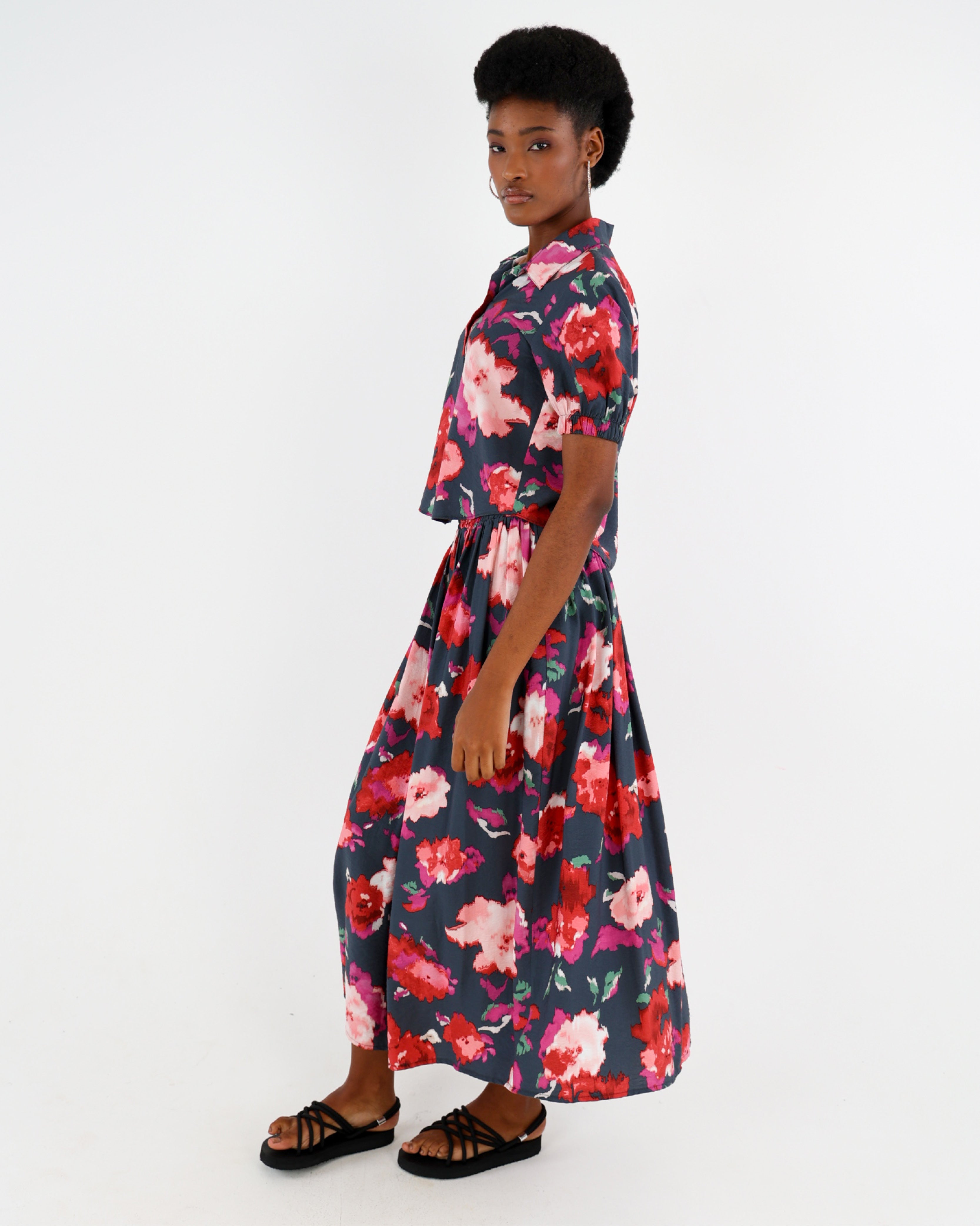 Floral Print Flared Maxi Skirt