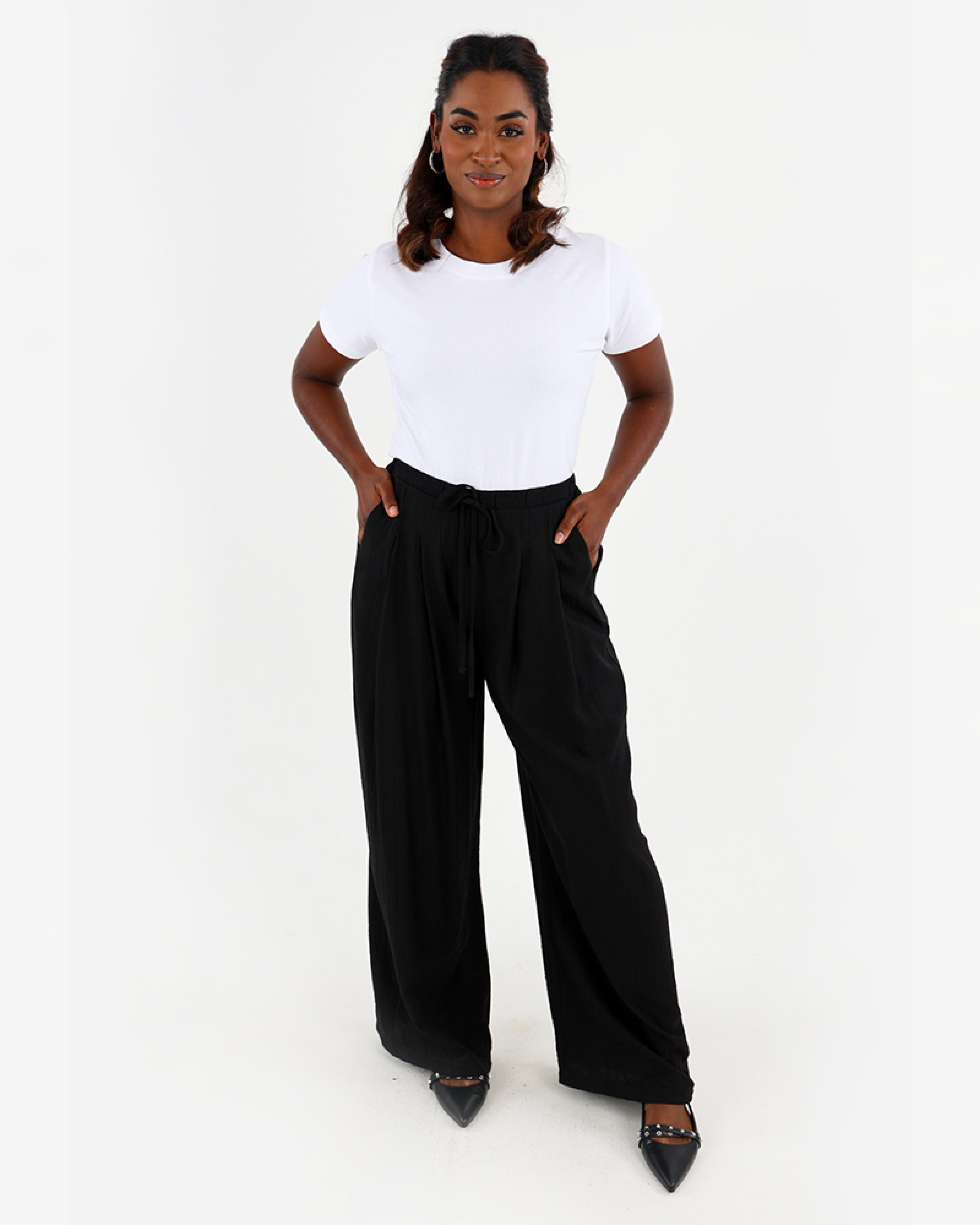 Black Relaxed Fit Wide Leg Pull On Pants