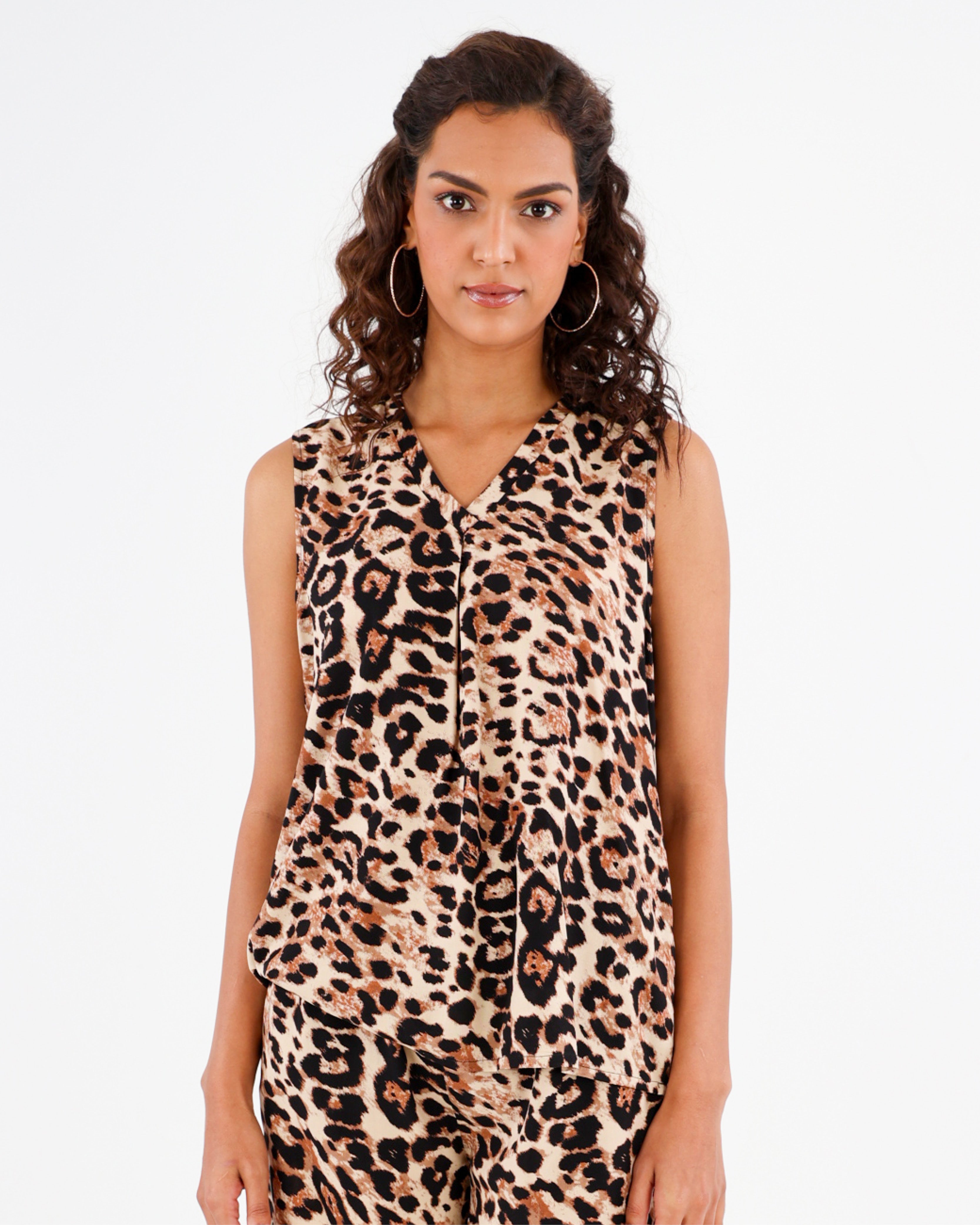 Leopard Print Sleeveless Henley Blouse