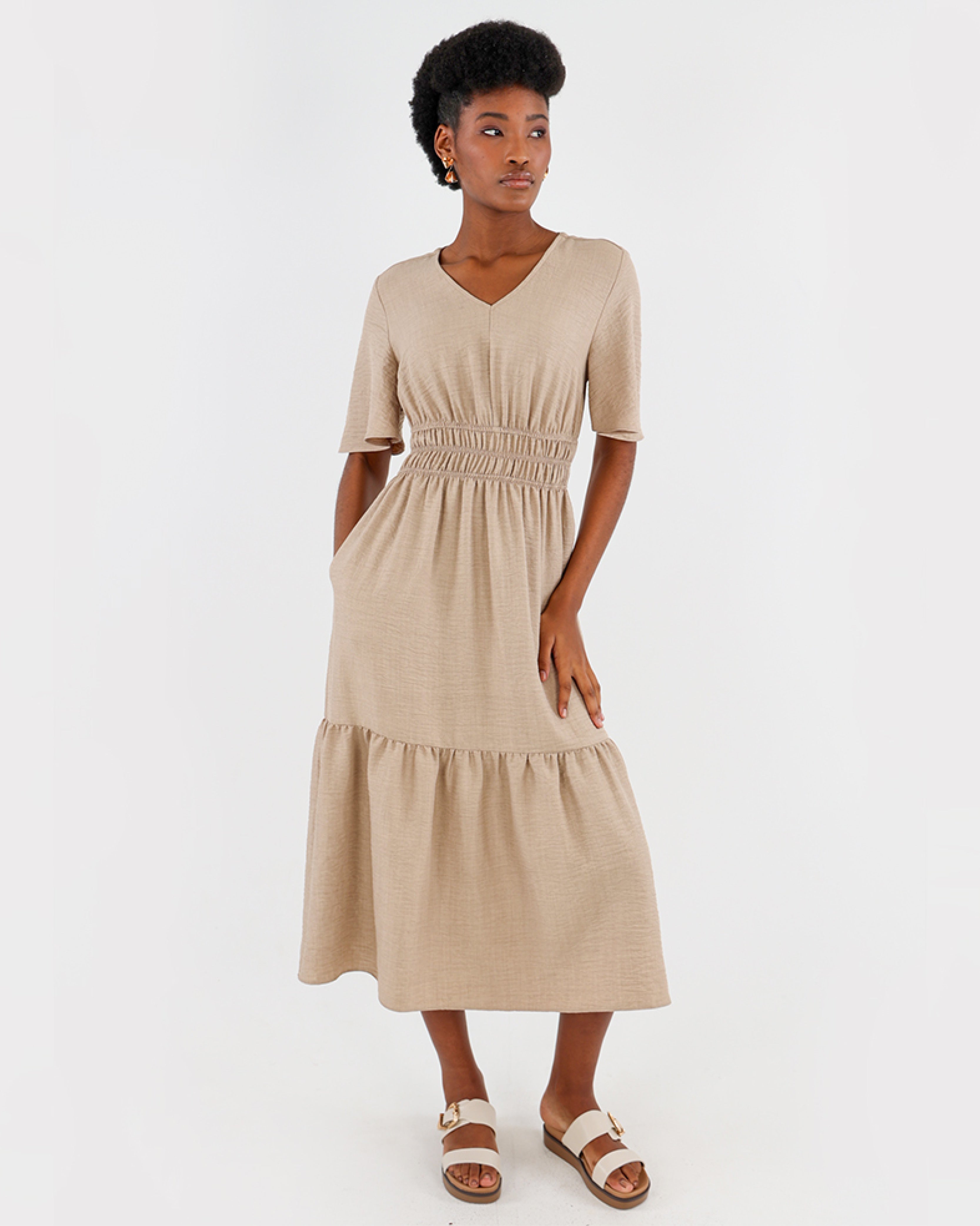 Short Sleeve Tiered Midi Dress
