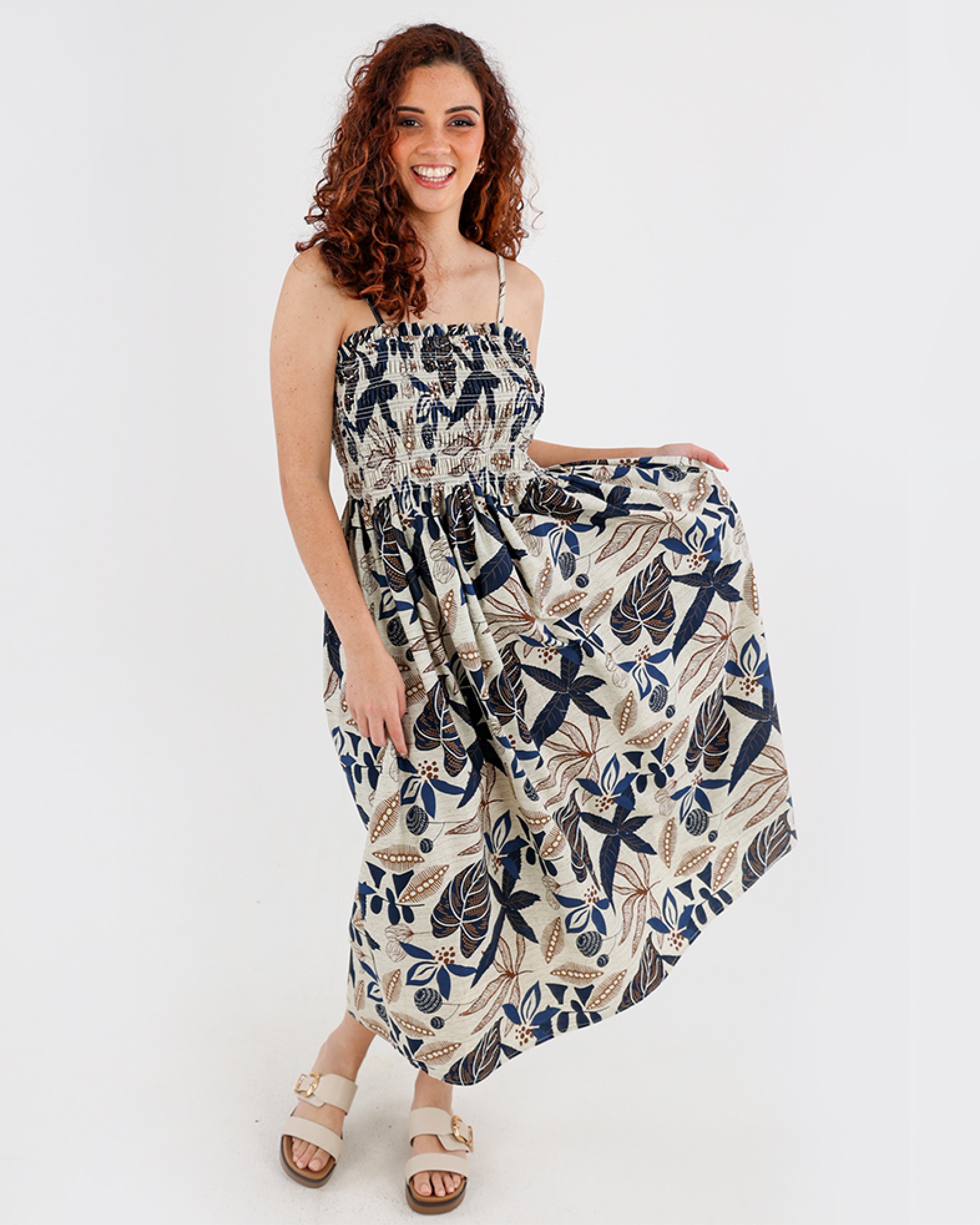 Stone Ruched Bodice Printed Strappy Maxi Dress