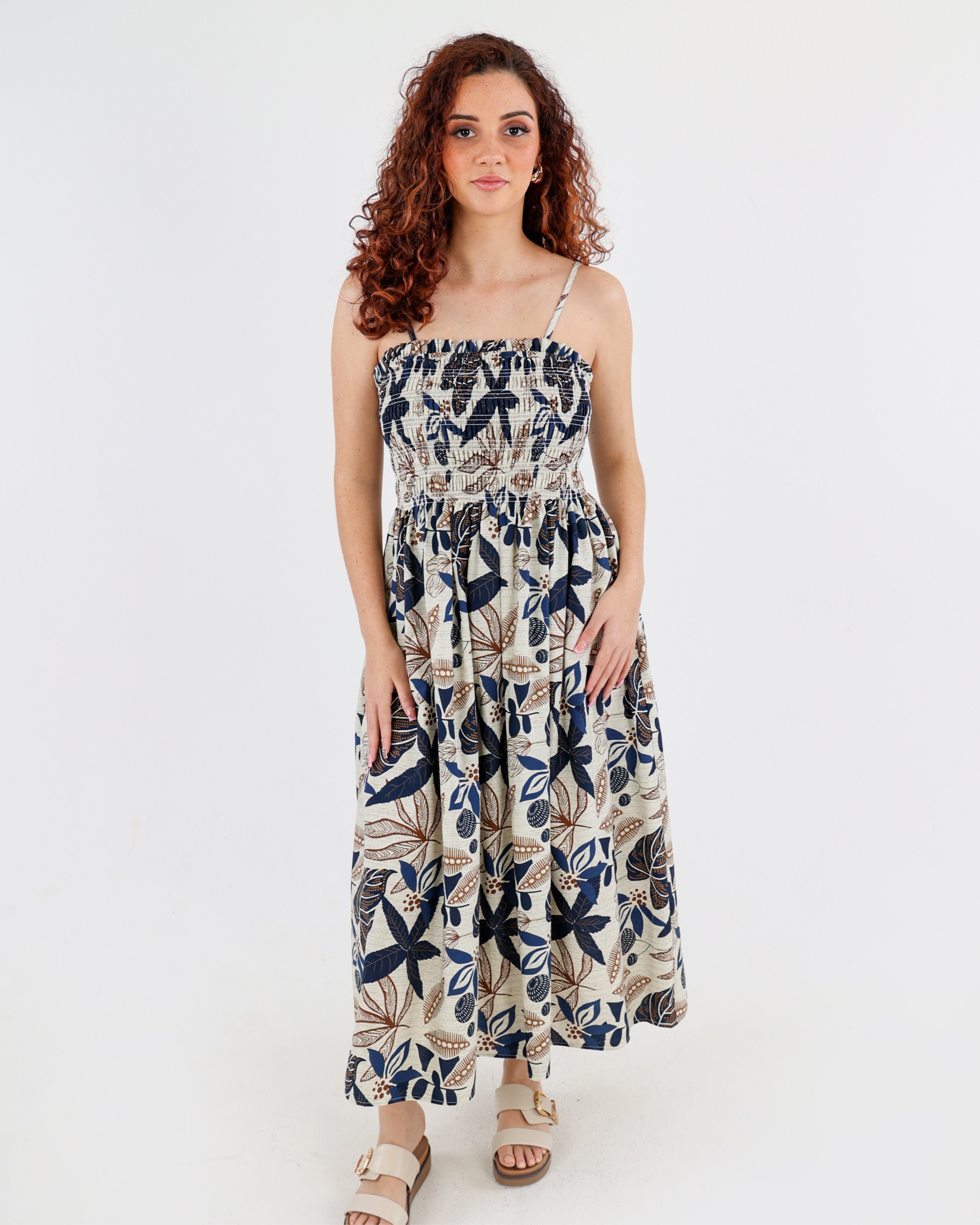 Stone Ruched Bodice Printed Strappy Maxi Dress