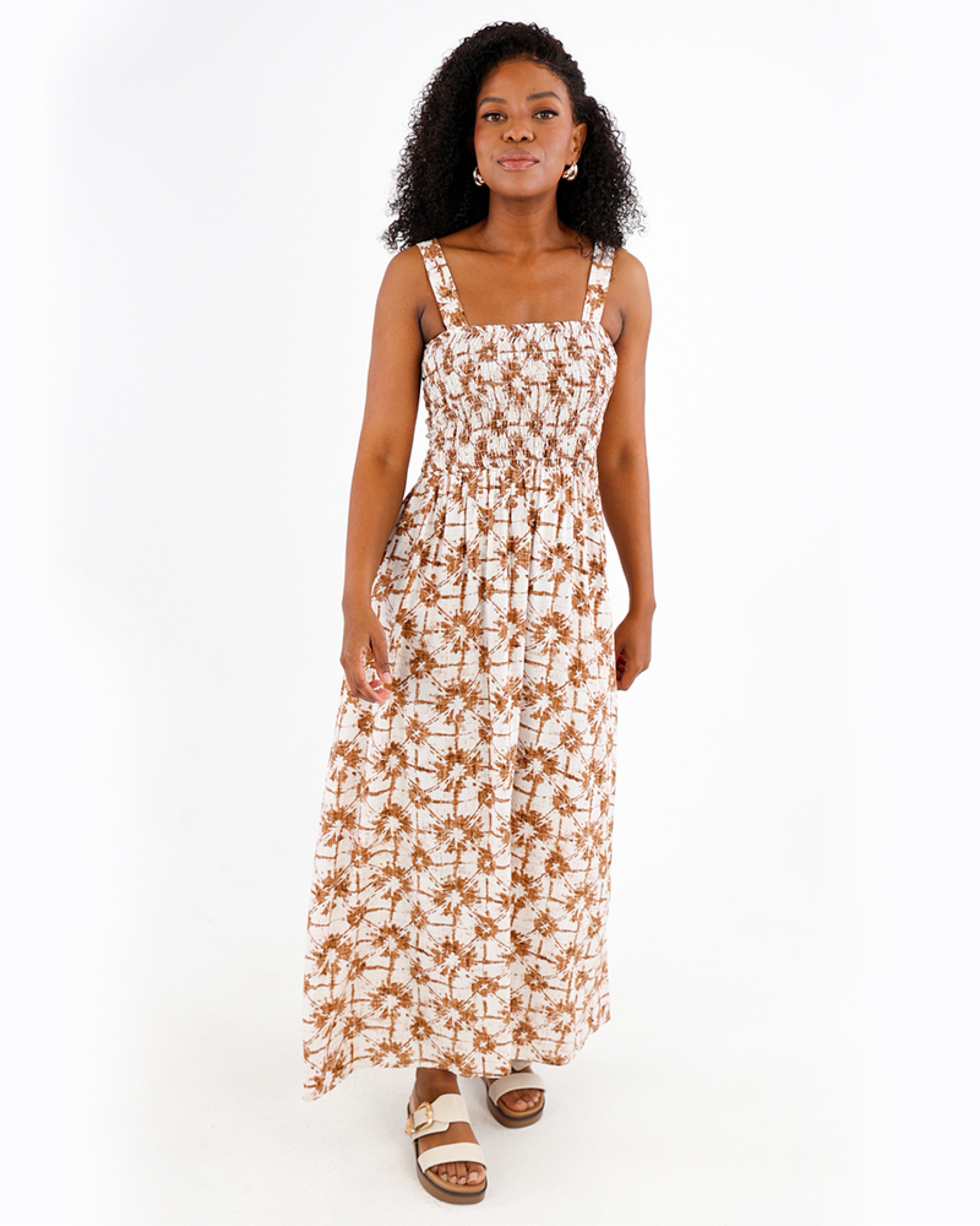 Strappy Smocked Printed Maxi Dress