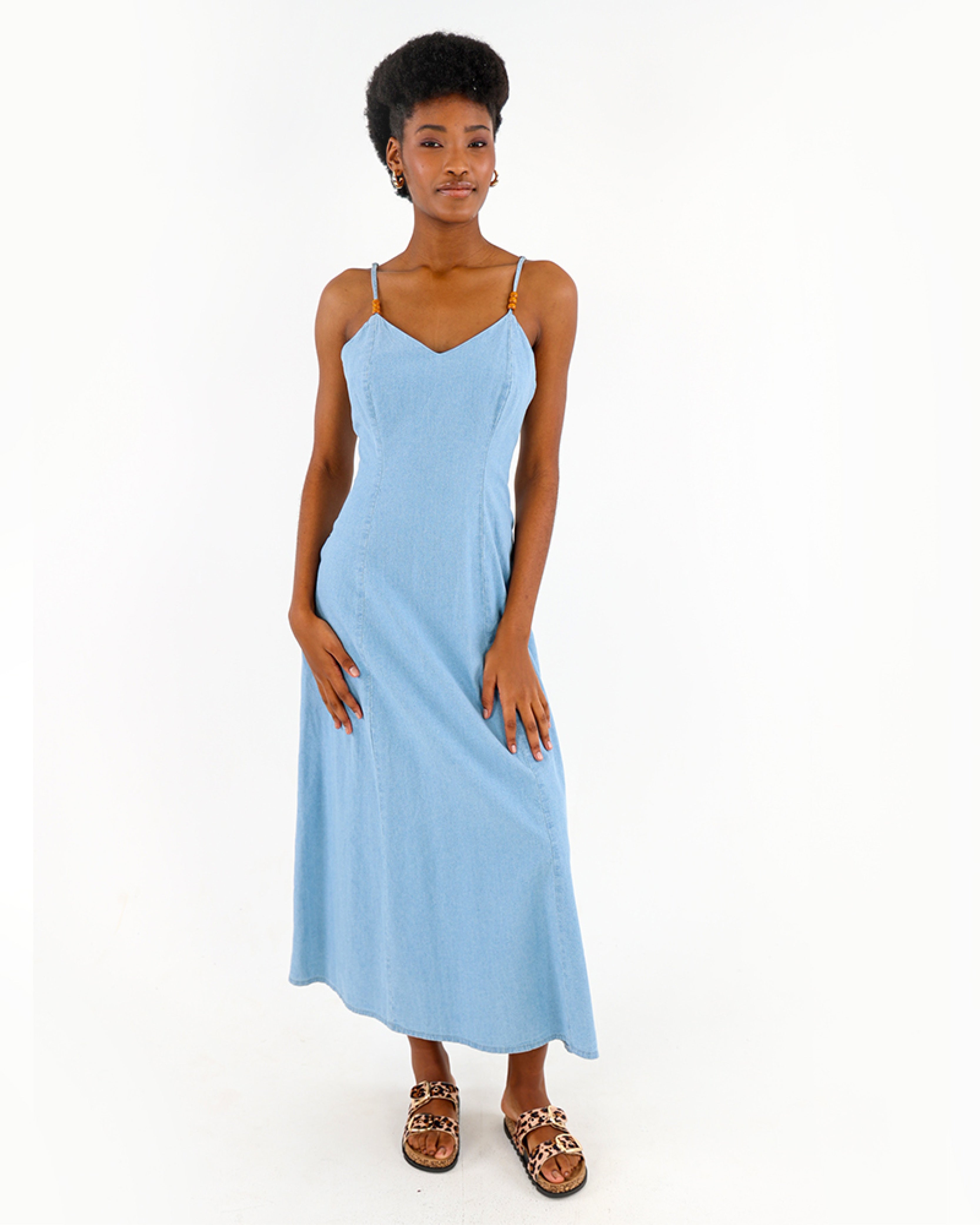 100% Cotton Beaded Strappy Midi Dress