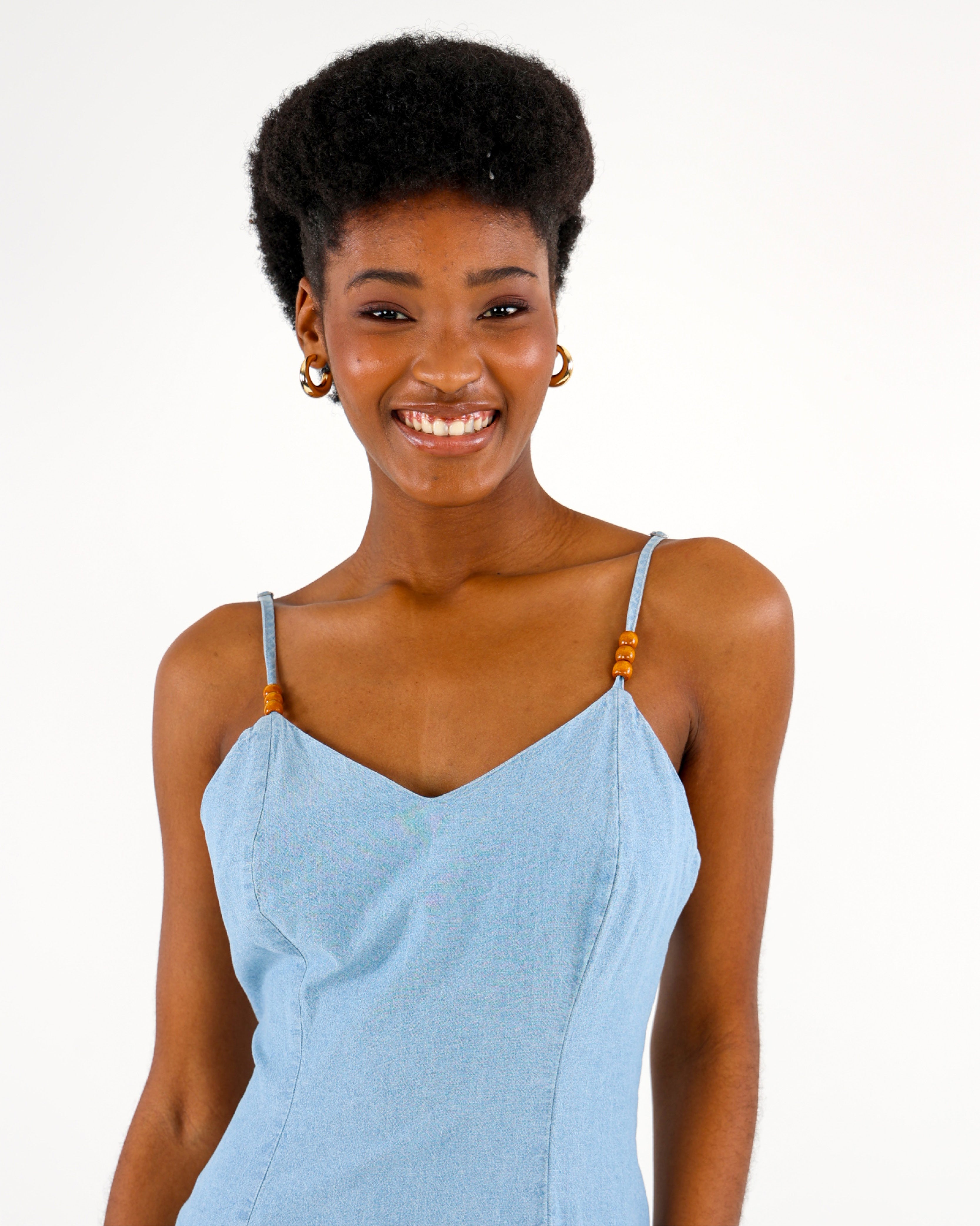100% Cotton Beaded Strappy Midi Dress