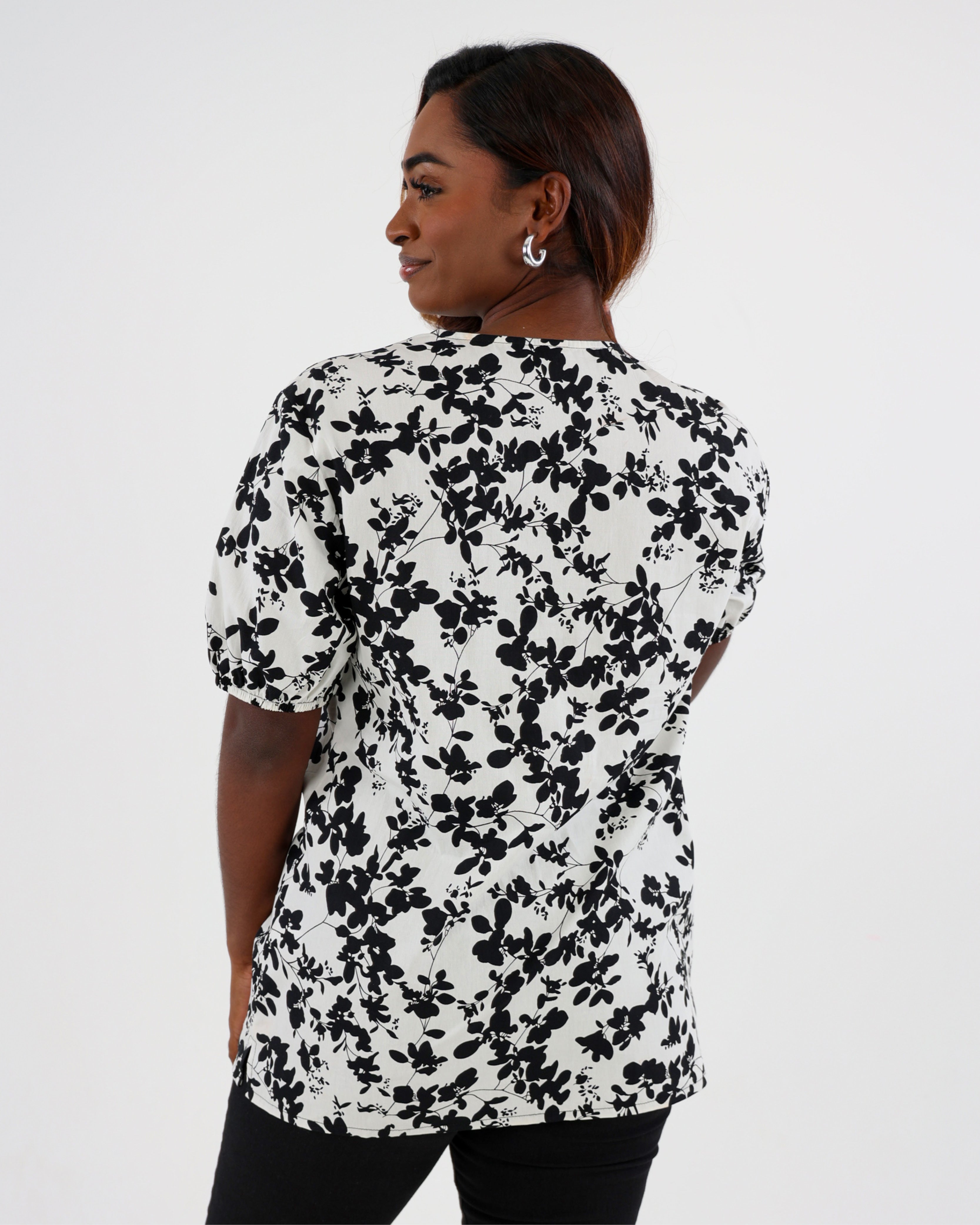 Black Short Puff Sleeve Floral Printed Cotton Blouse