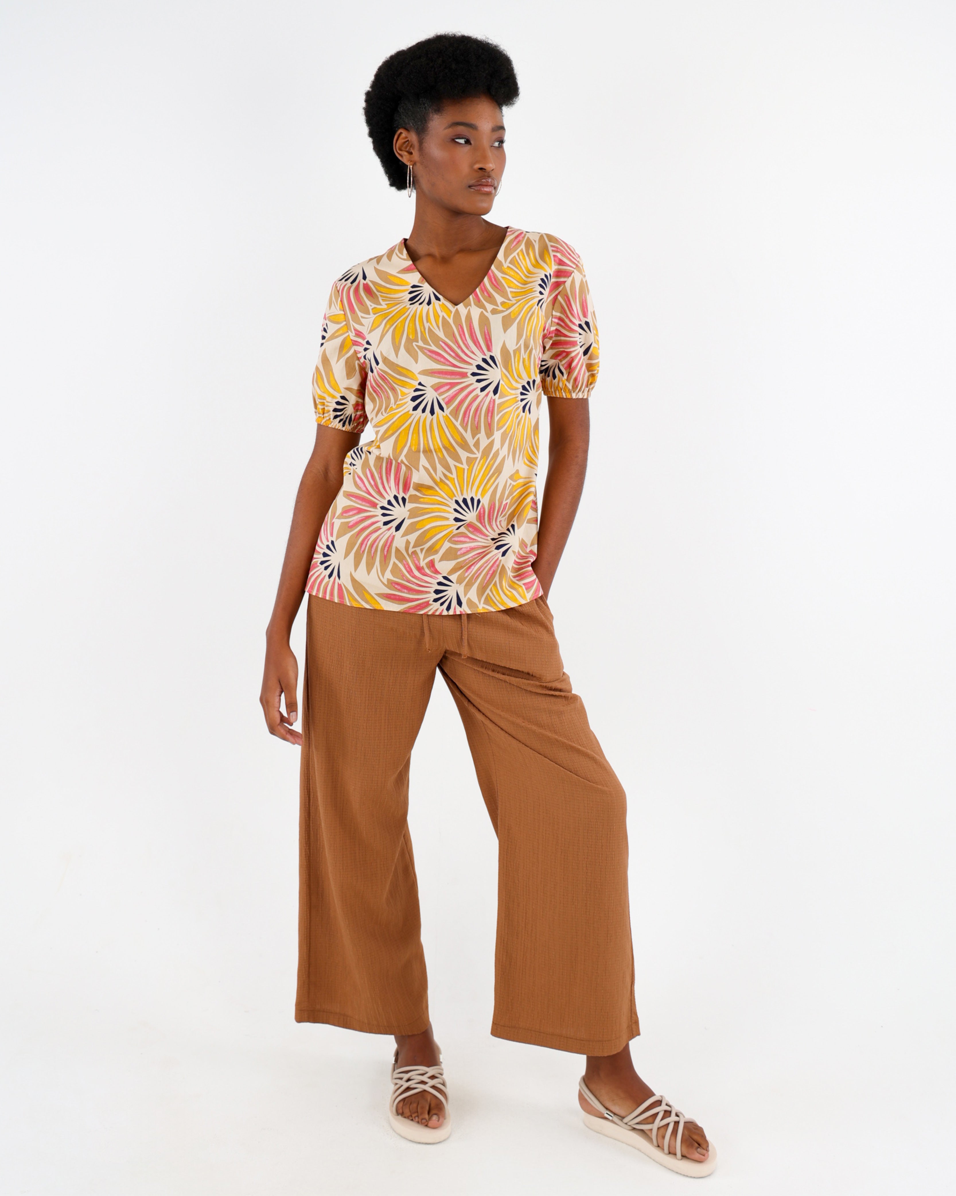 Yellow Short Puff Sleeve Fan Printed Cotton Blouse