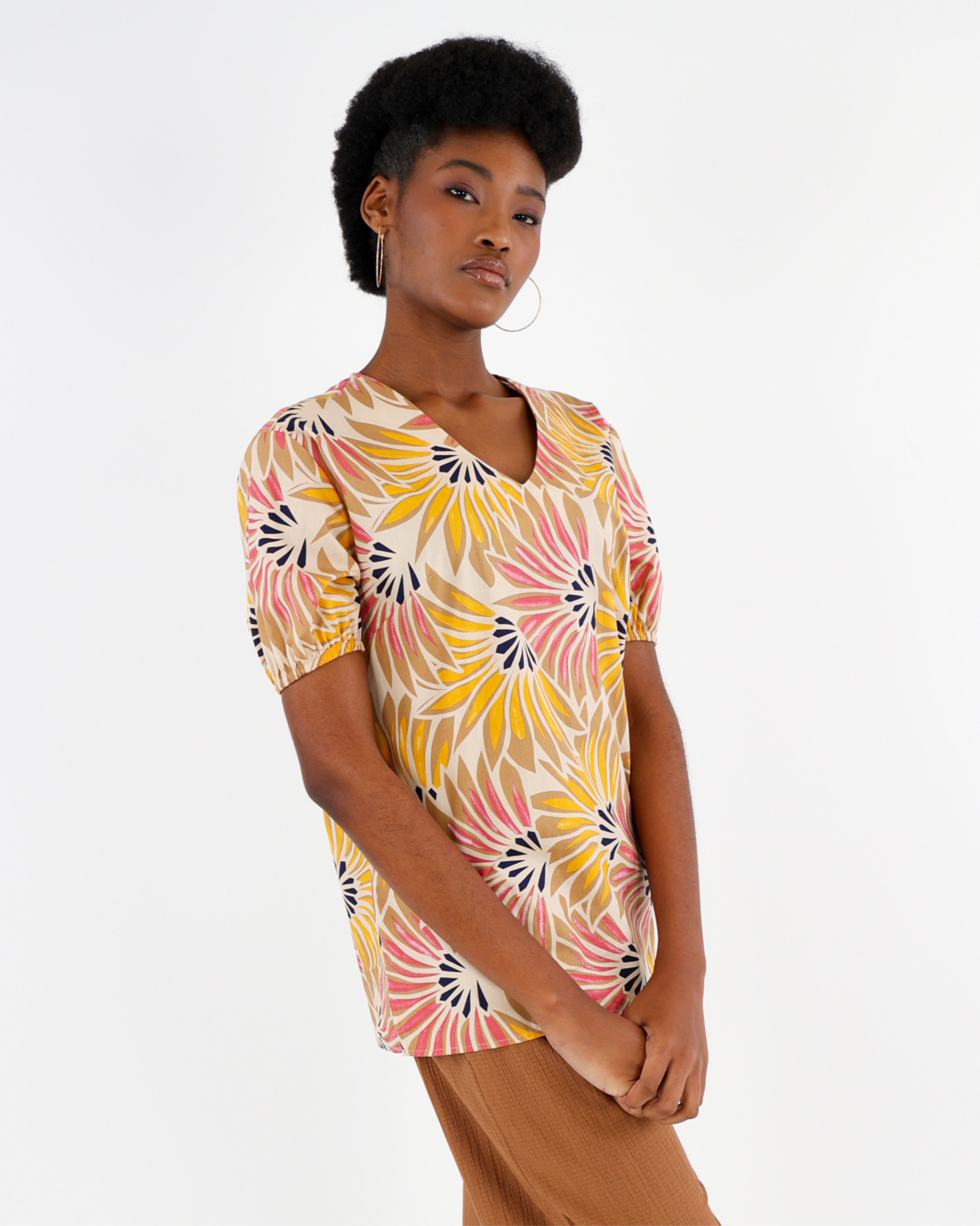 Yellow Short Puff Sleeve Fan Printed Cotton Blouse