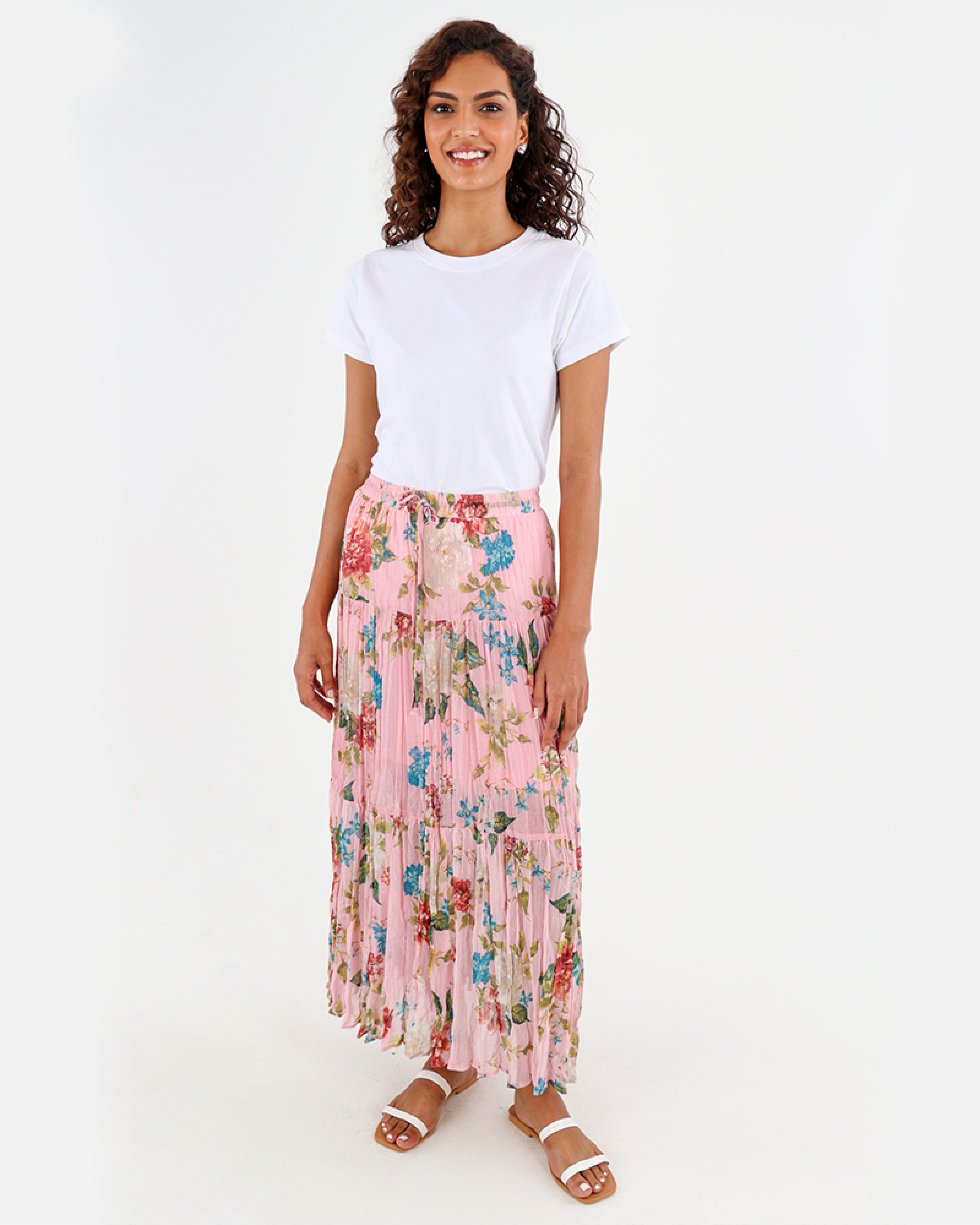 Lurex Floral Tiered Maxi Skirt