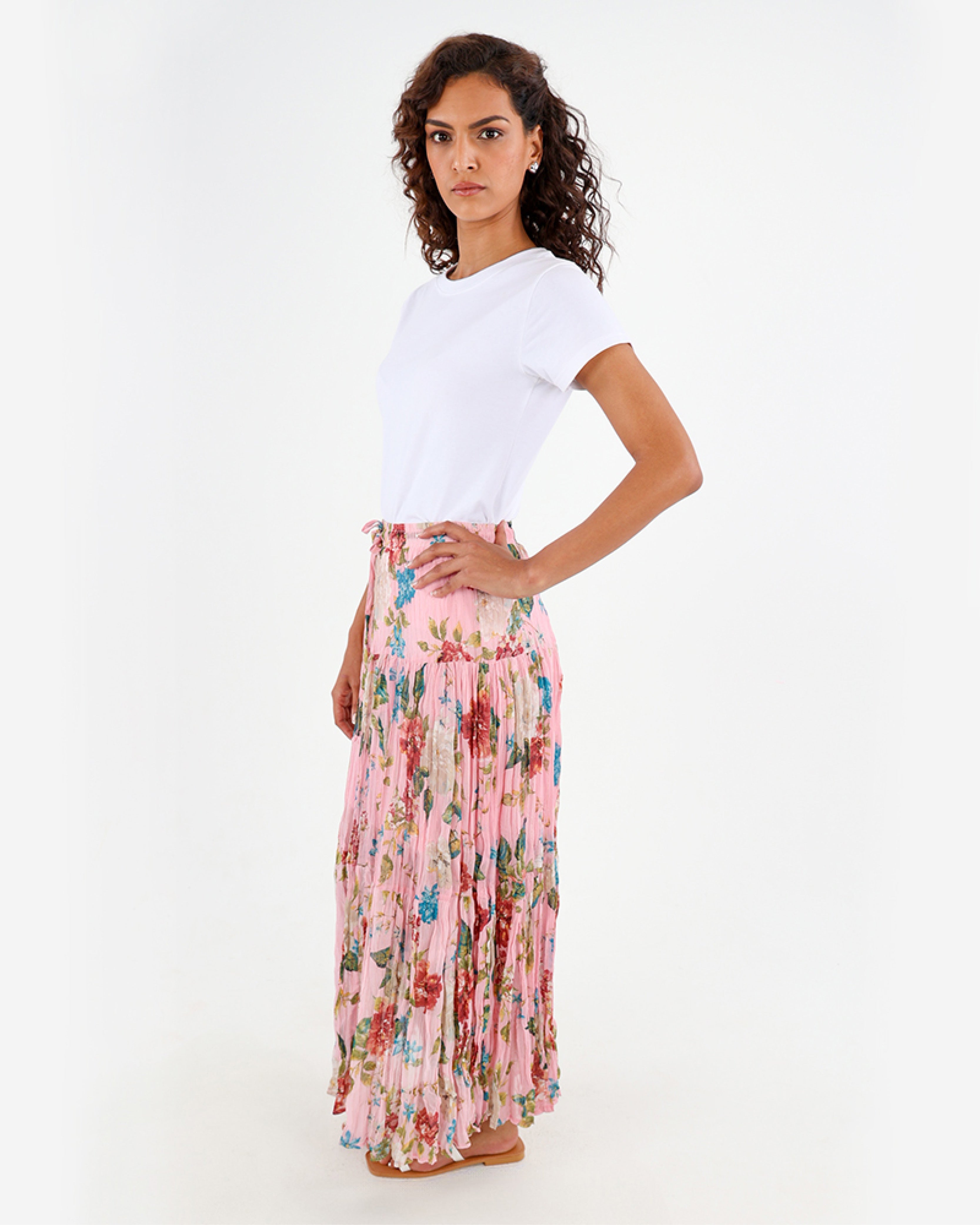 Lurex Floral Tiered Maxi Skirt
