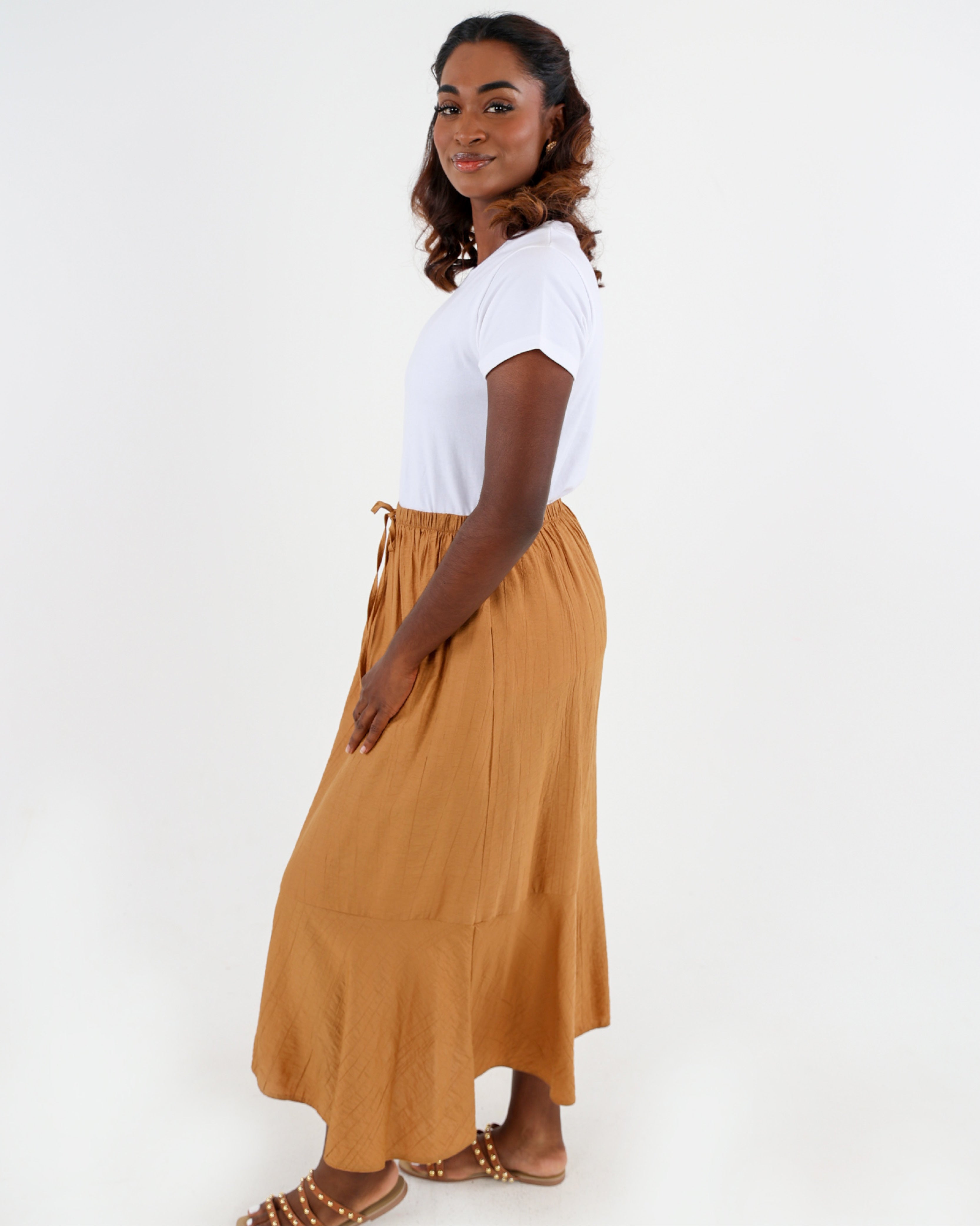 Tan Single Tiered Maxi Skirt