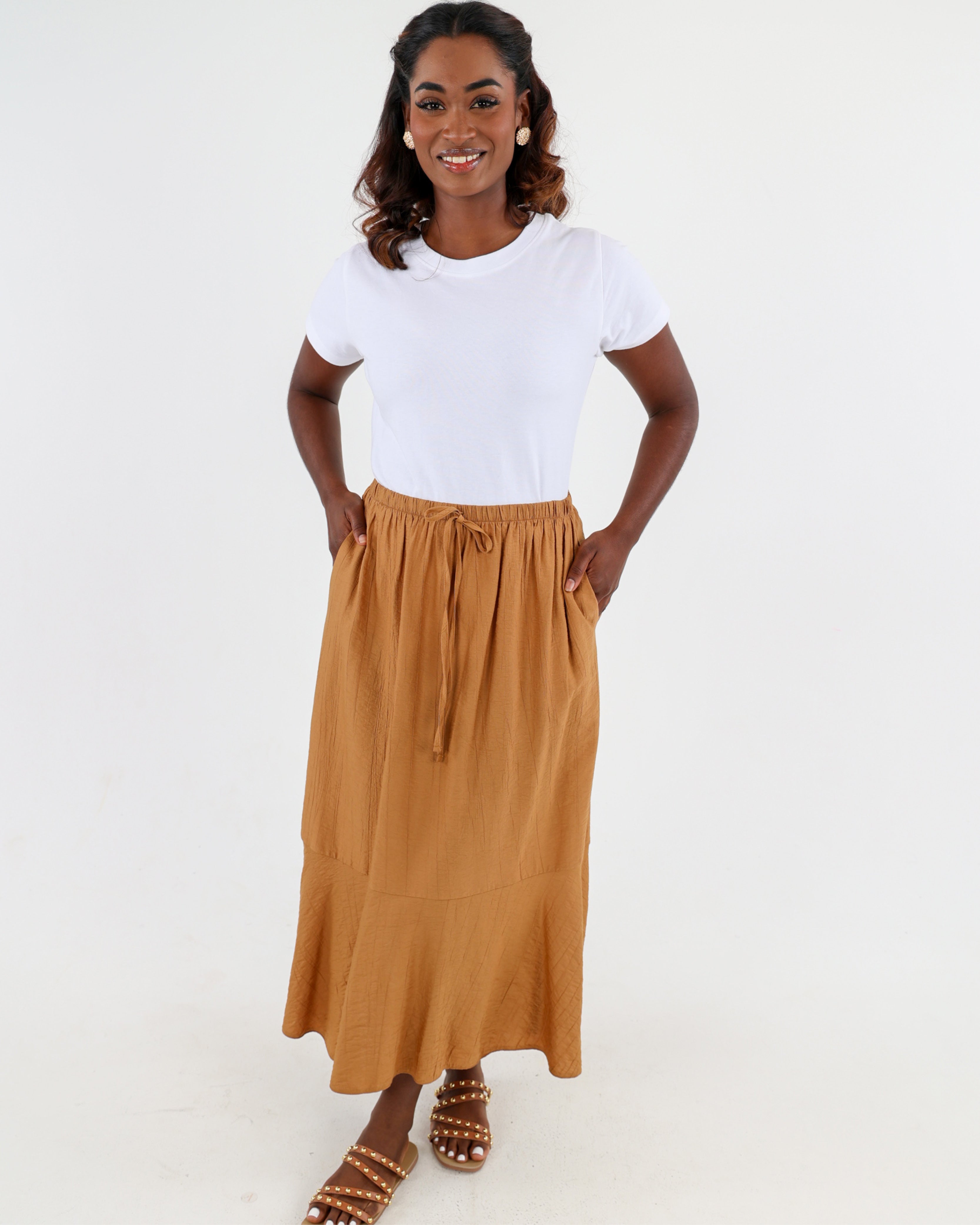 Tan Single Tiered Maxi Skirt