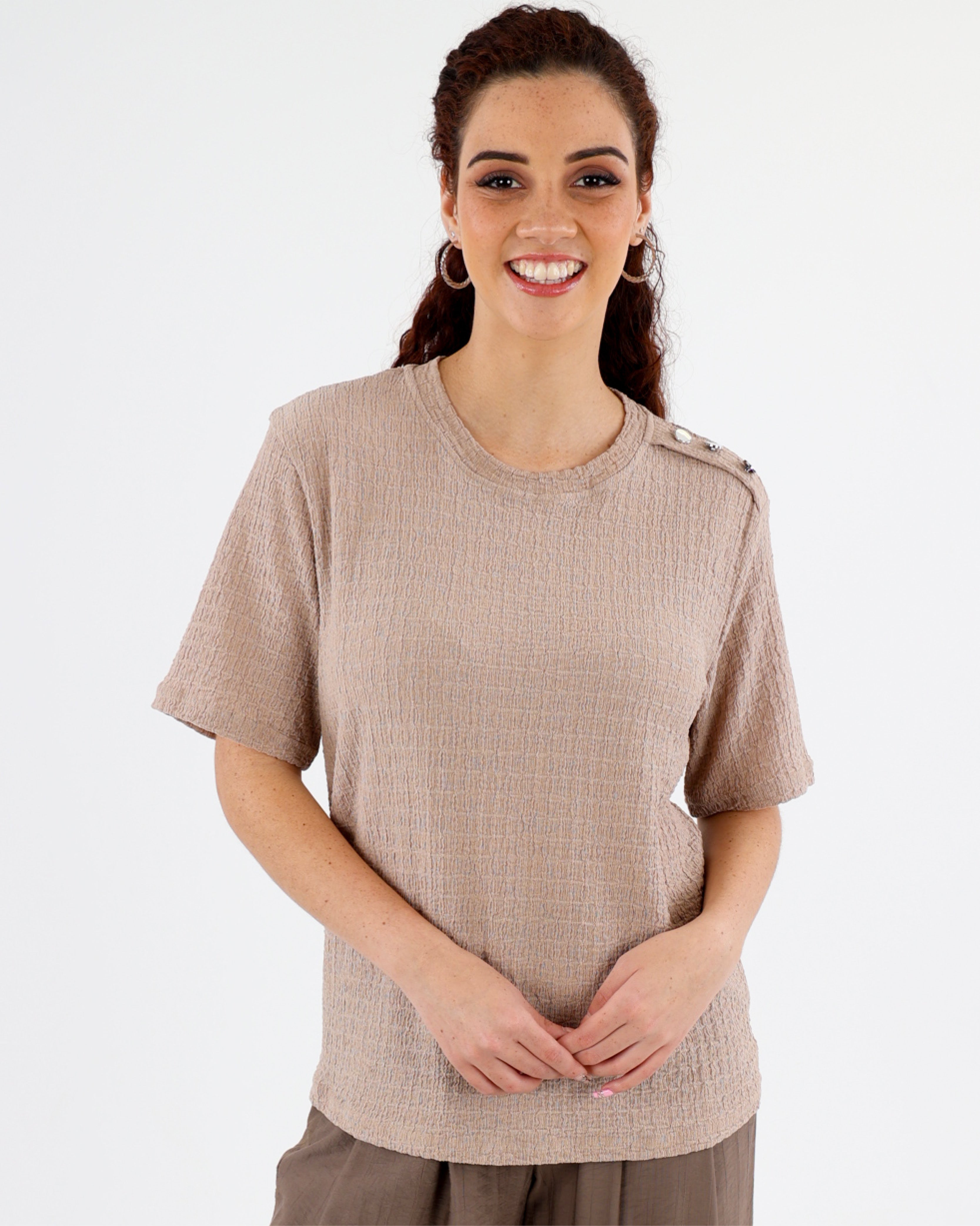 Stone Shoulder Button Bubble Top