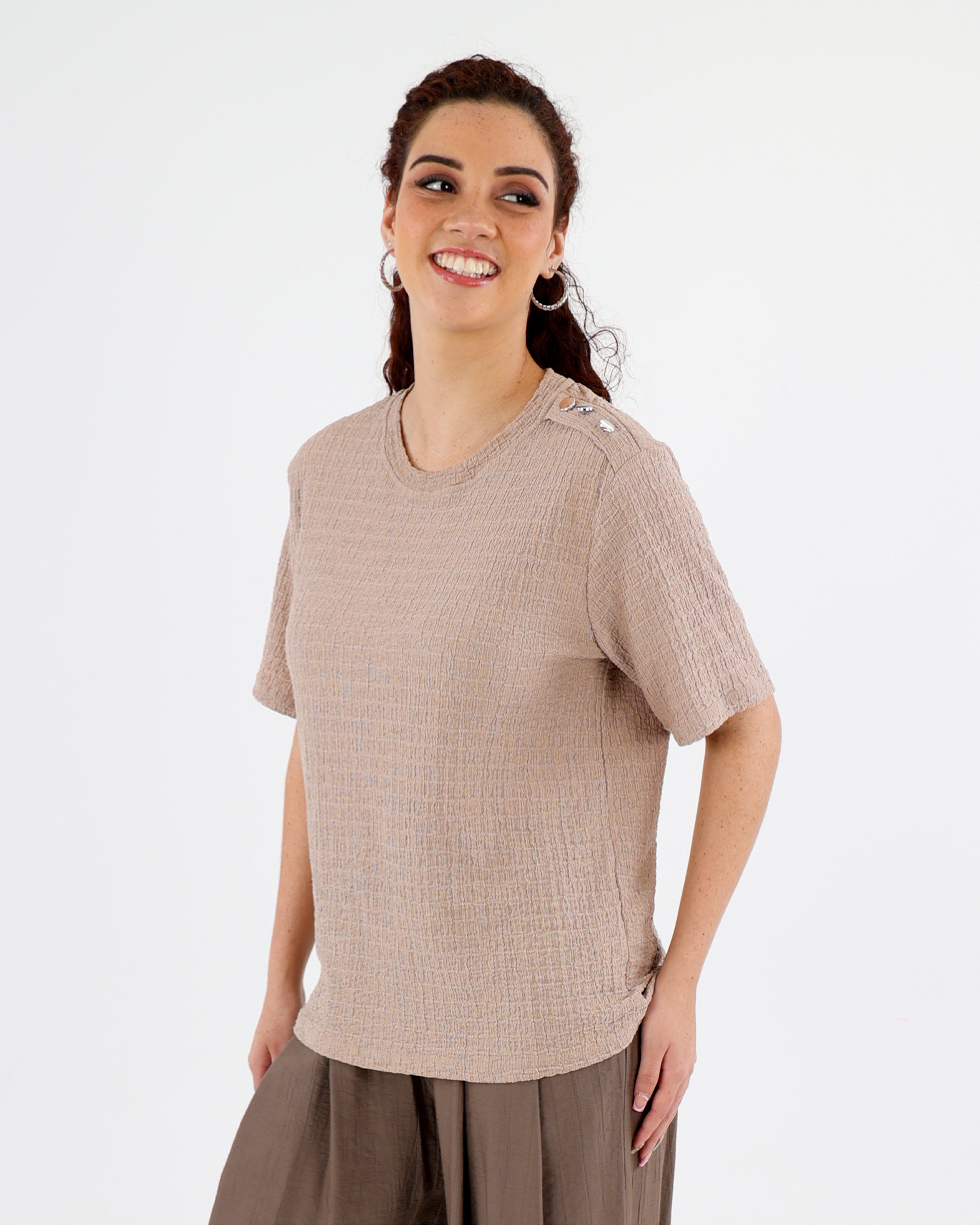 Stone Shoulder Button Bubble Top